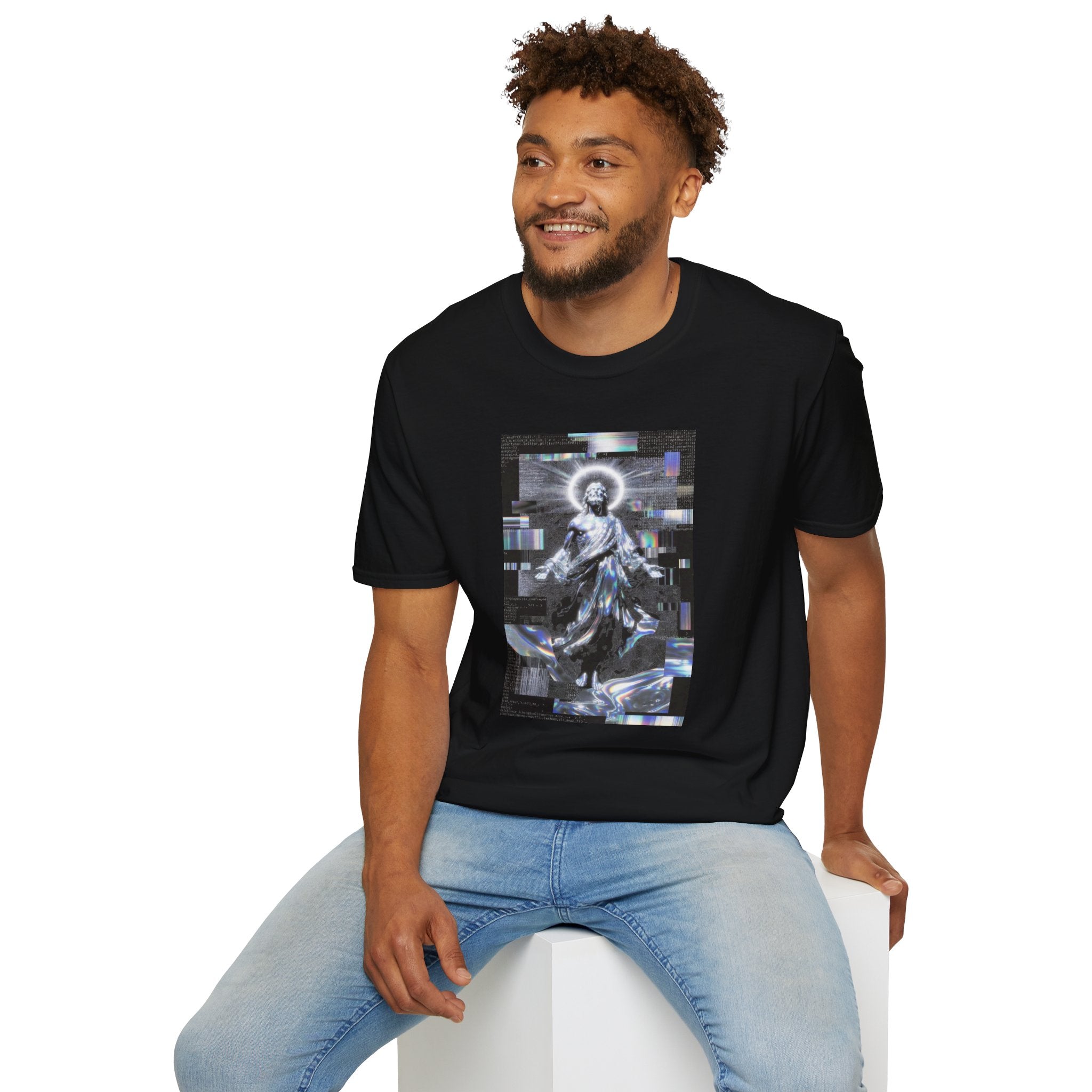 Glitch Halo Jesus T-Shirt — Vintage Religious Retro Digital Art Tee