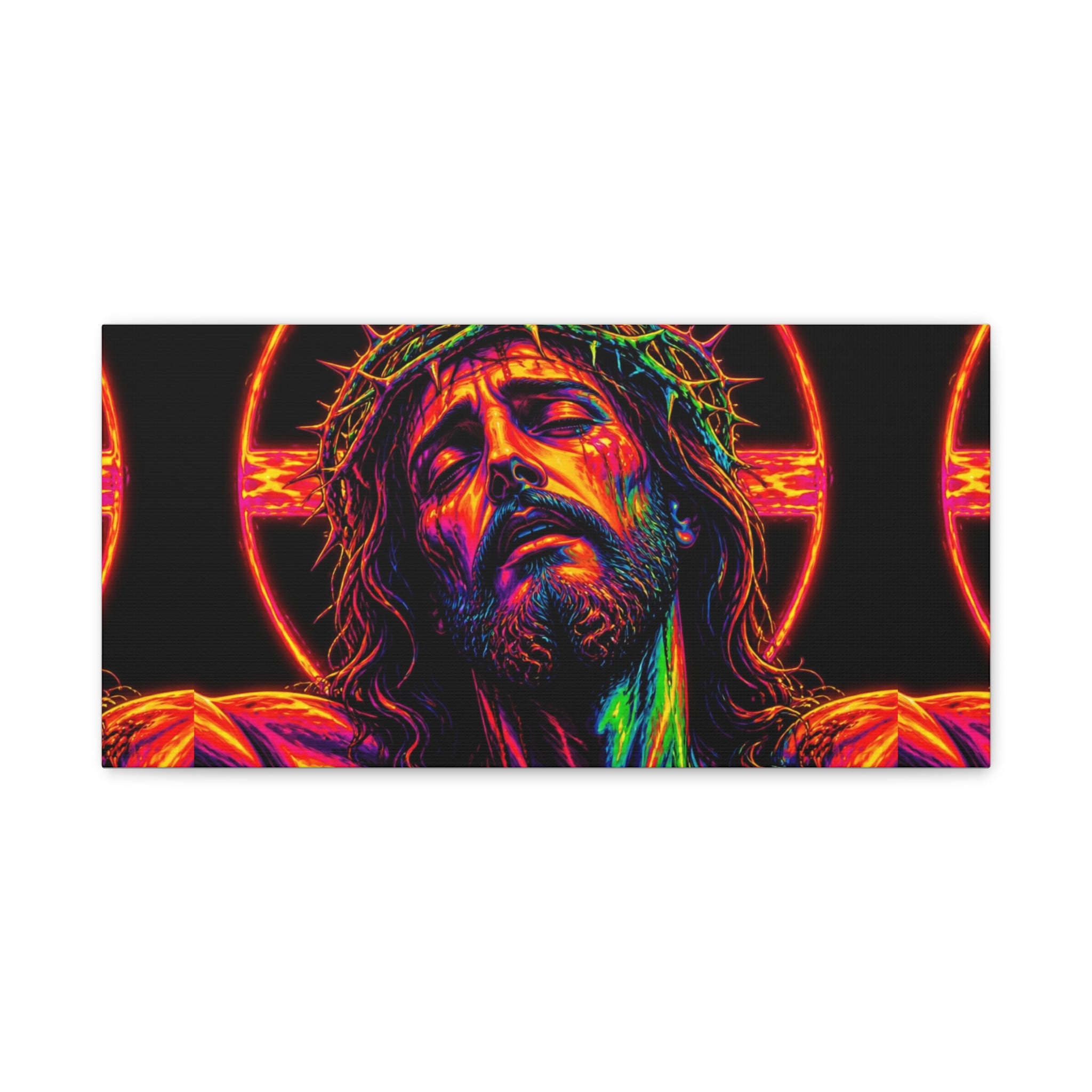Neon Christ Crucifix Canvas Print — Vibrant Religious Wall Art