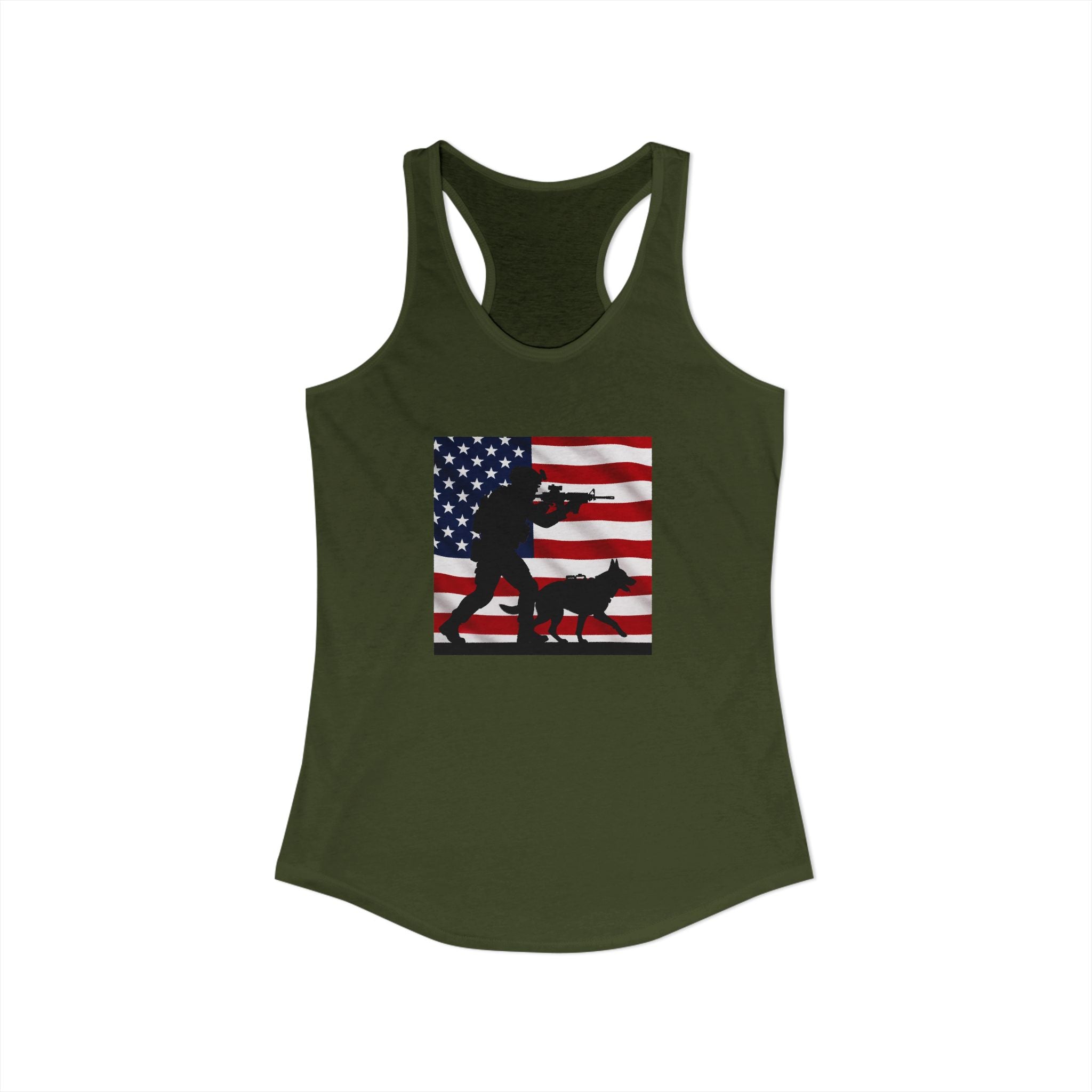 Women's Ideal Racerback Tank - Patriotic American Soldier w/ K-9