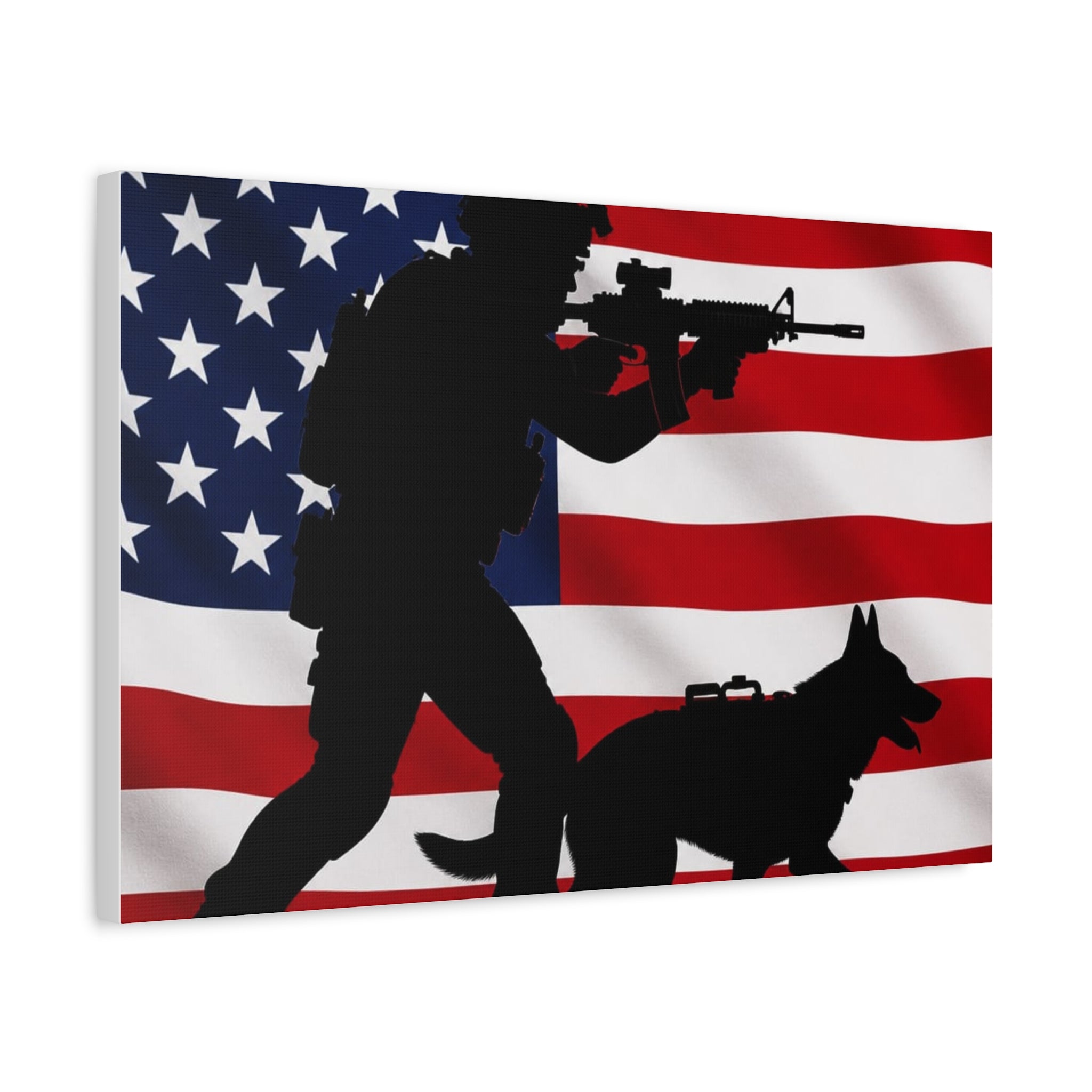 Patriotic Military K9 Canvas Wall Art — Soldier and Dog Silhouette with American Flag
