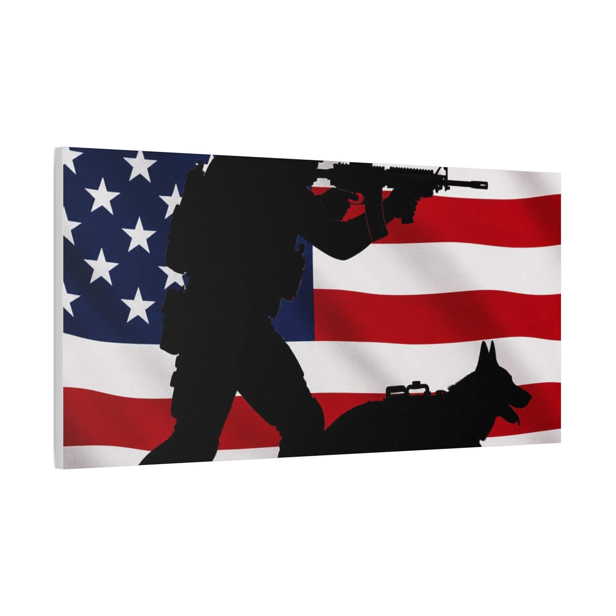 Patriotic Military K9 Canvas Wall Art — Soldier and Dog Silhouette with American Flag