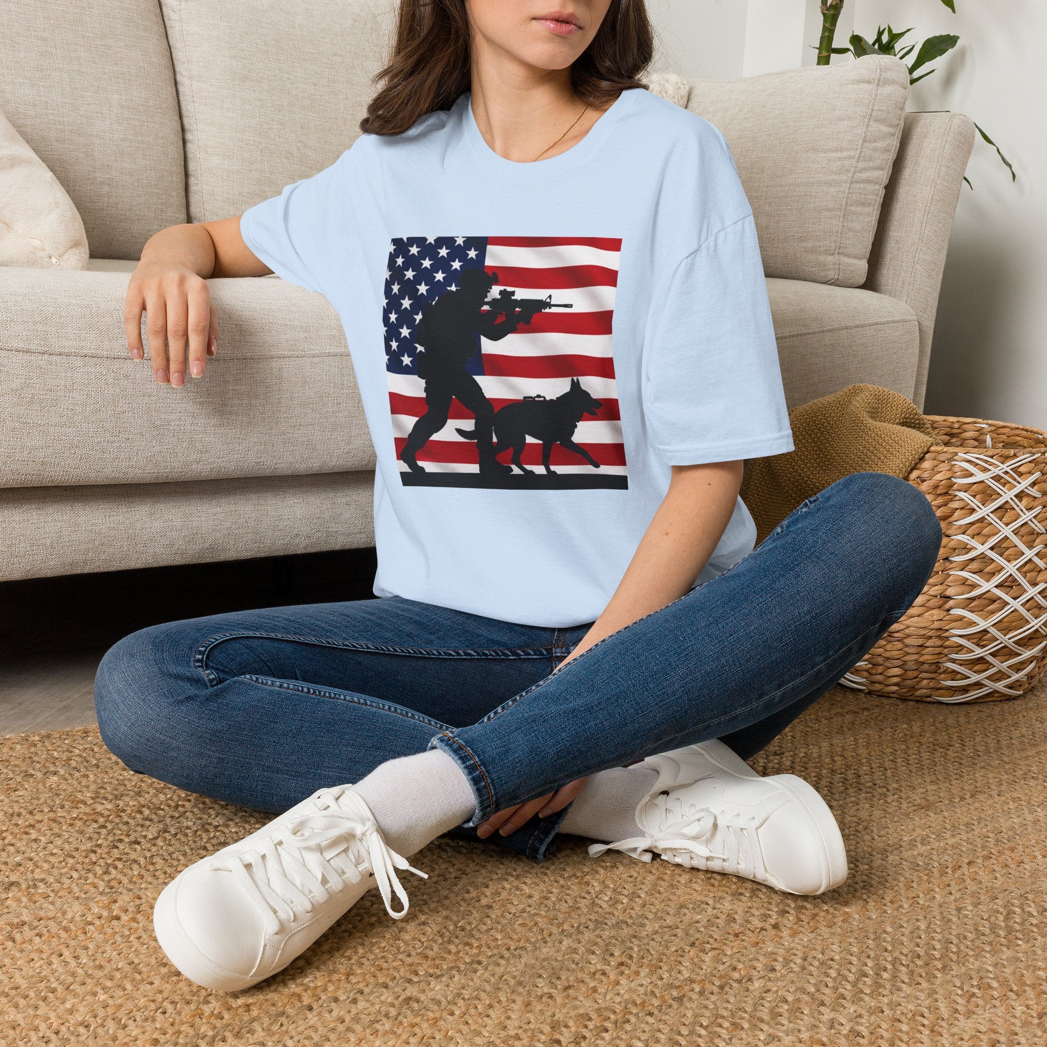 Patriotic K9 Handler T-Shirt — American Flag Soldier with Dog Graphic