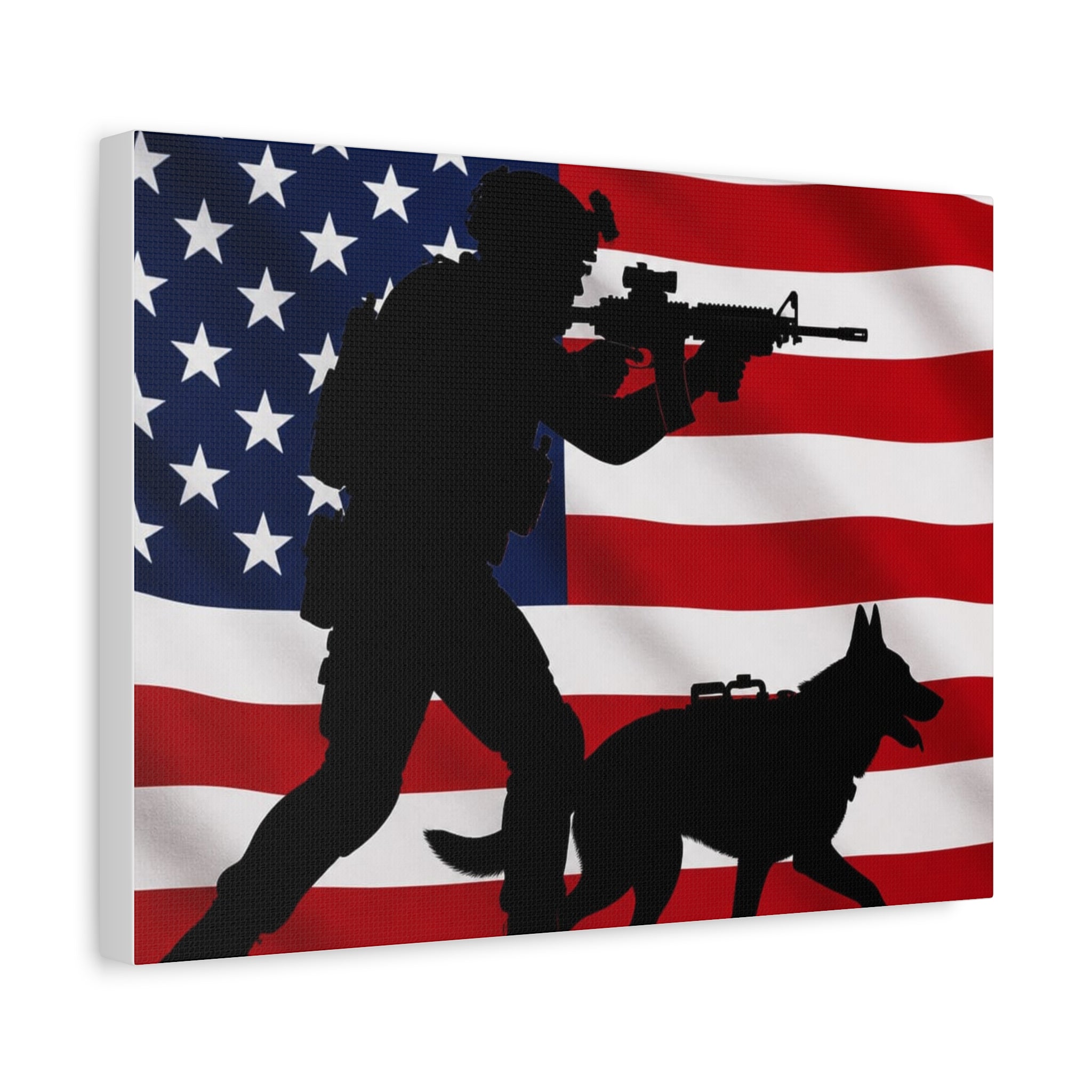 Patriotic Military K9 Canvas Wall Art — Soldier and Dog Silhouette with American Flag