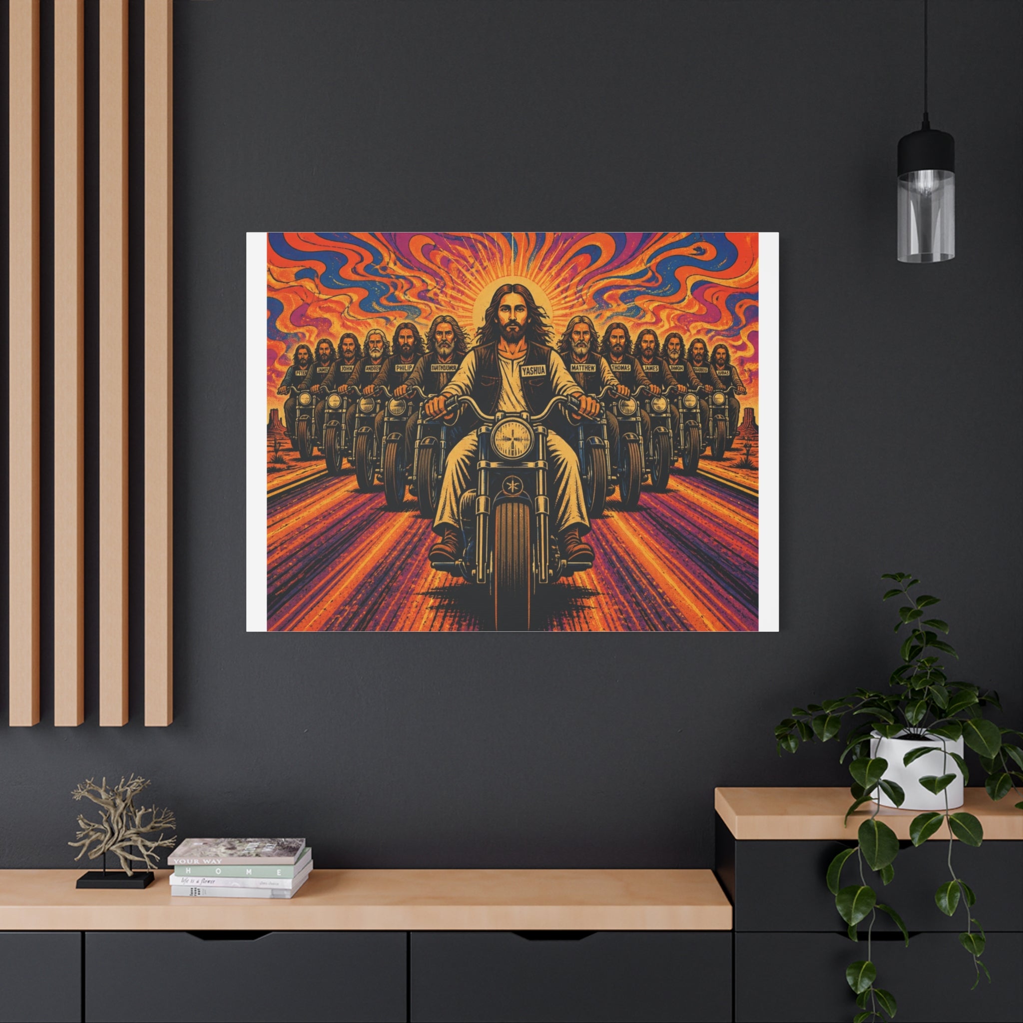 Motorcycle Jesus Canvas Print — Psychedelic Biker Wall Art