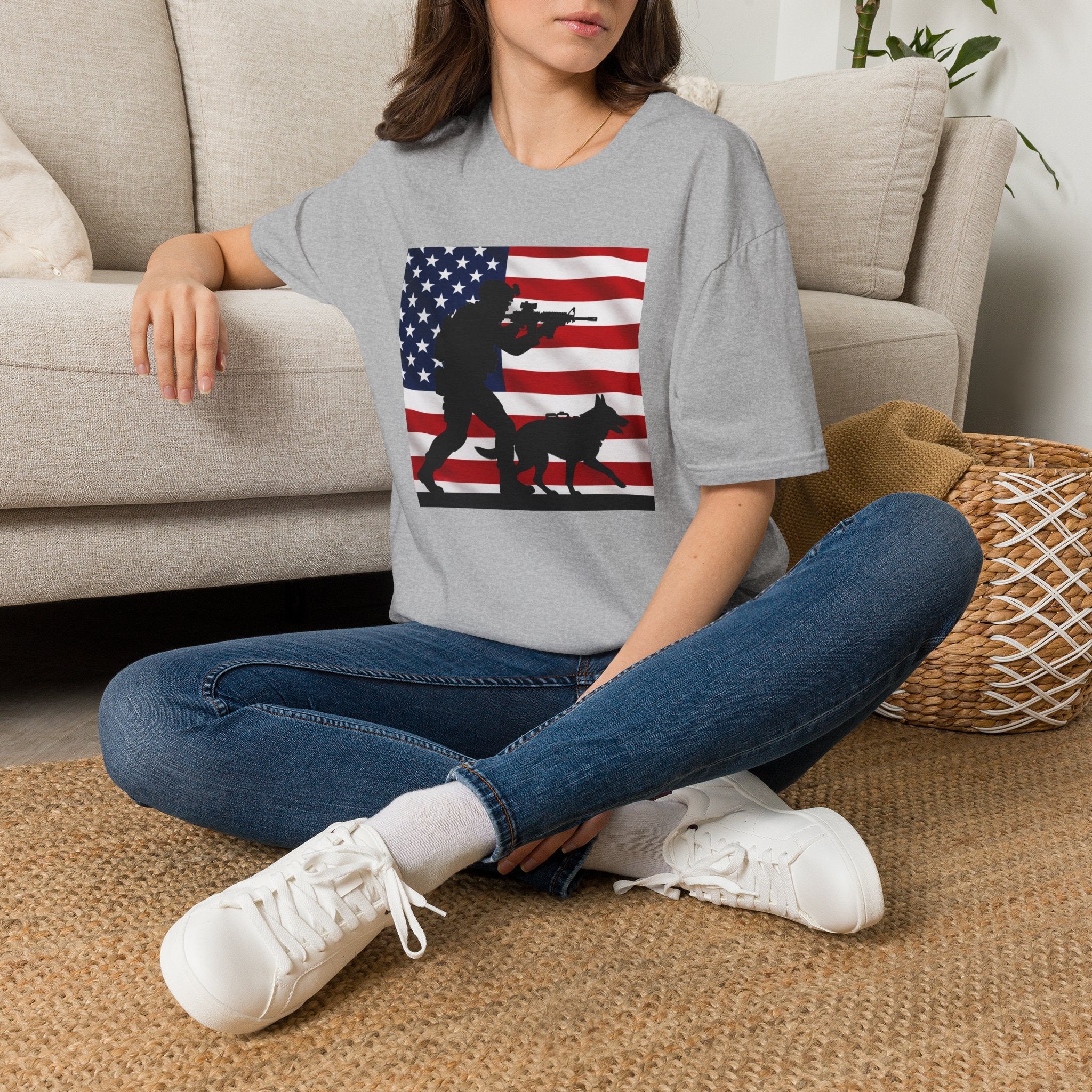 Patriotic K9 Handler T-Shirt — American Flag Soldier with Dog Graphic