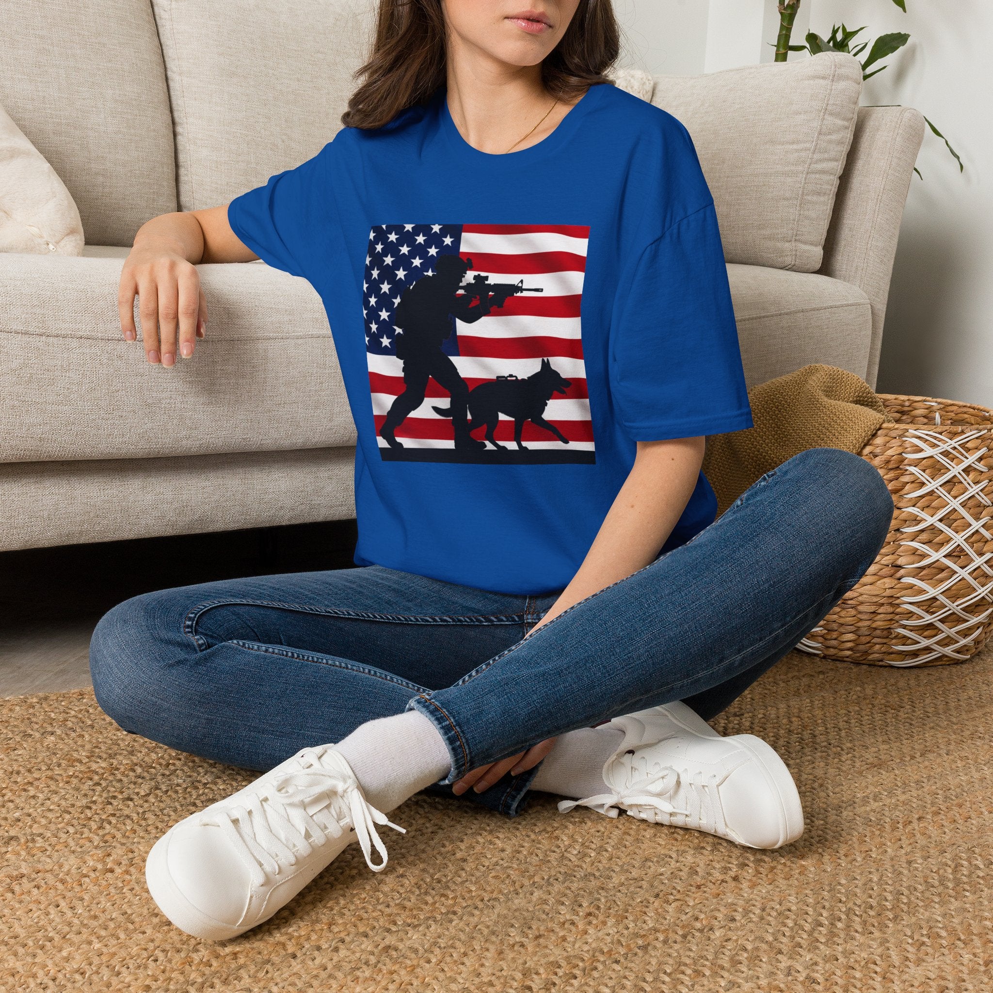 Patriotic K9 Handler T-Shirt — American Flag Soldier with Dog Graphic
