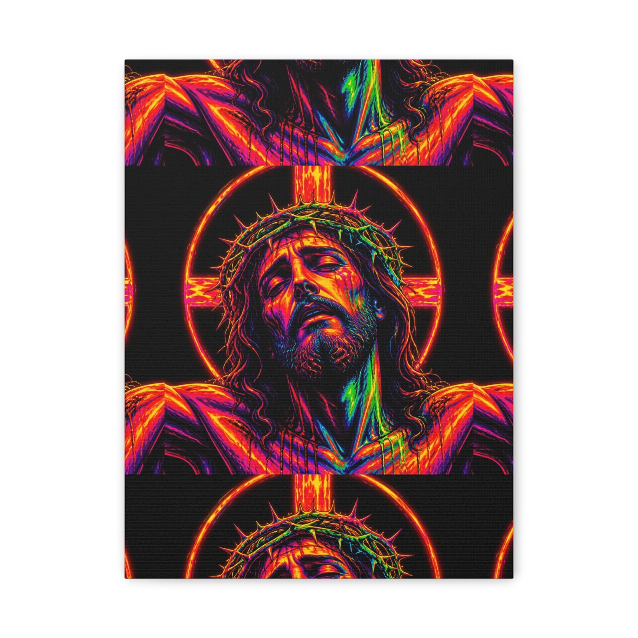 Neon Christ Crucifix Canvas Print — Vibrant Religious Wall Art