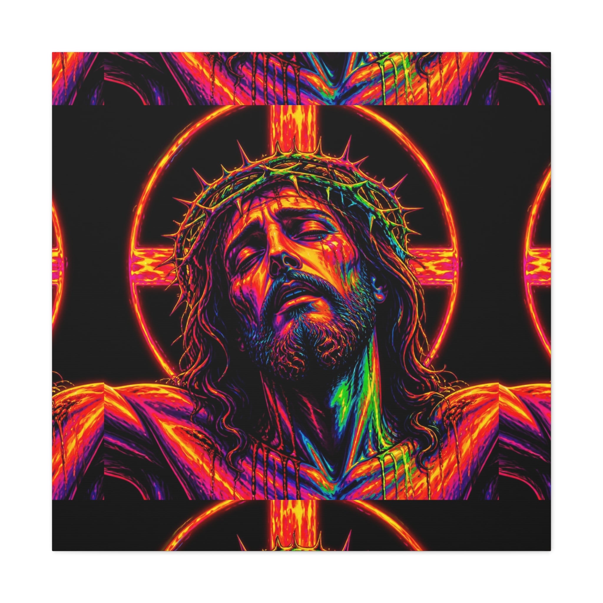 Neon Christ Crucifix Canvas Print — Vibrant Religious Wall Art