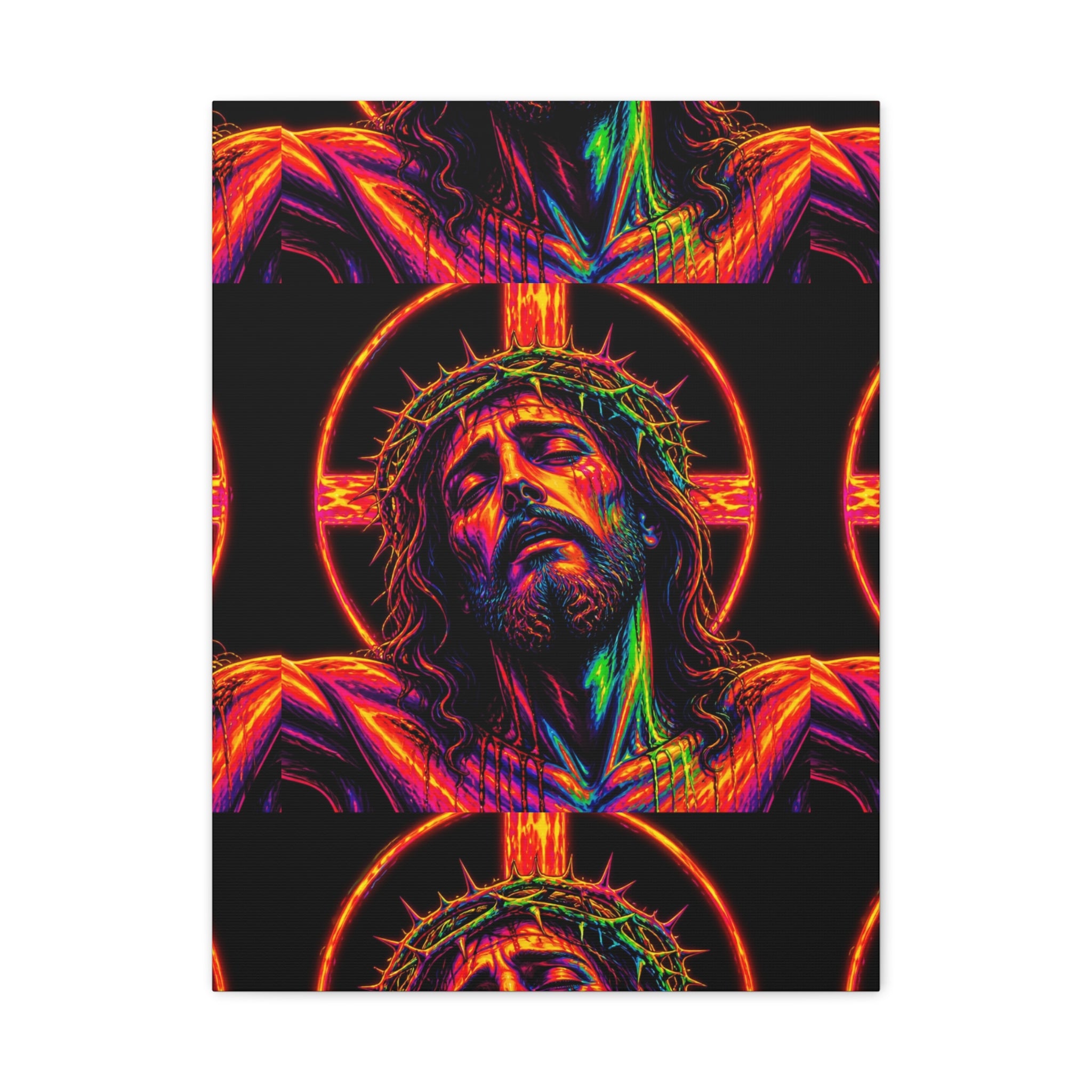Neon Christ Crucifix Canvas Print — Vibrant Religious Wall Art