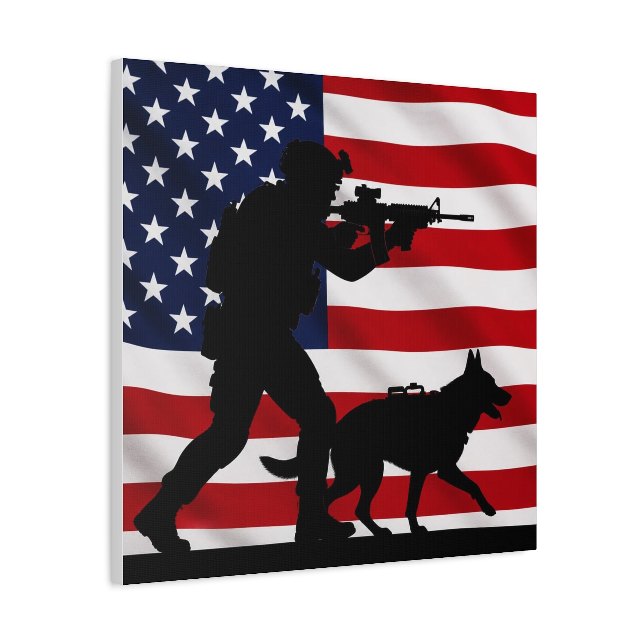 Patriotic Military K9 Canvas Wall Art — Soldier and Dog Silhouette with American Flag