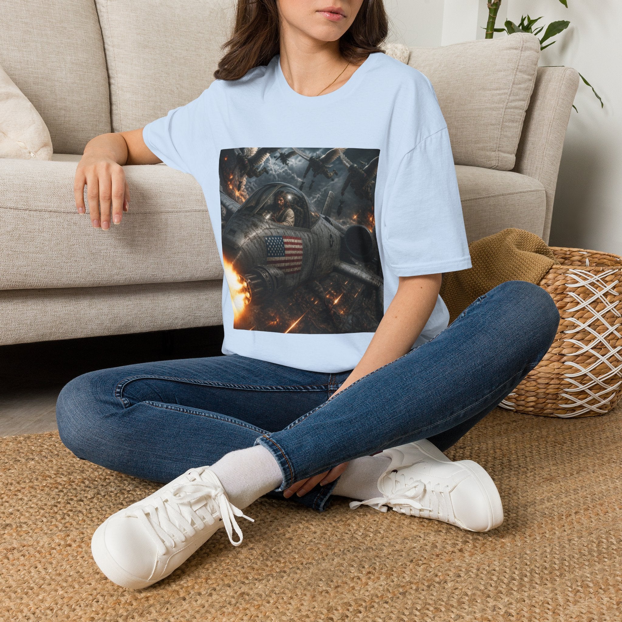 Jesus Military Pilot T‑Shirt — Vintage Jetfighter Scene with American Flag