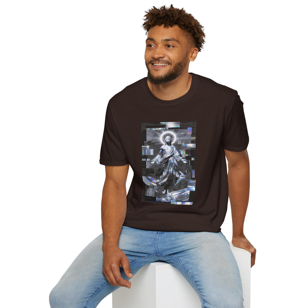 Glitch Halo Jesus T-Shirt — Vintage Religious Retro Digital Art Tee
