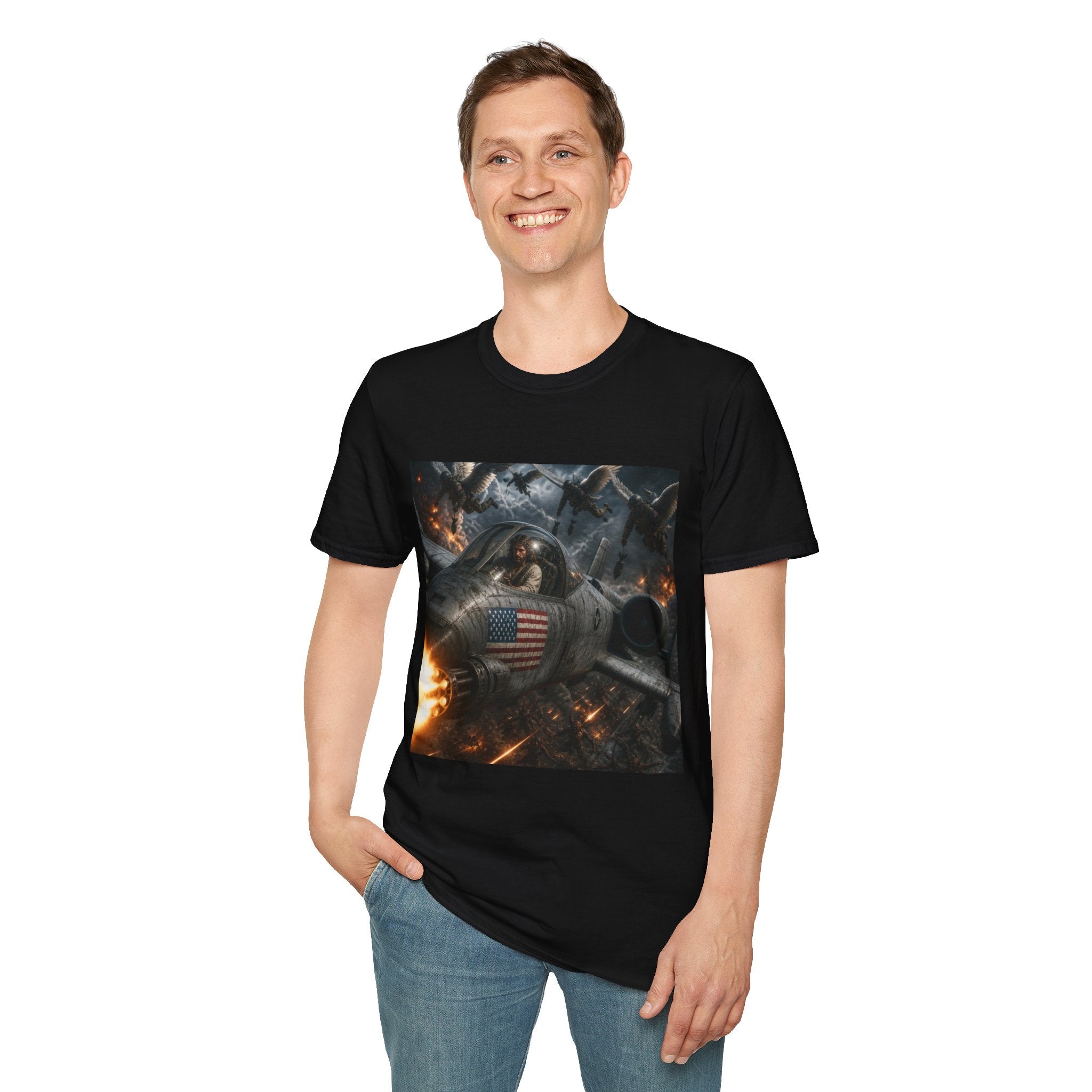 Jesus Military Pilot T‑Shirt — Vintage Jetfighter Scene with American Flag