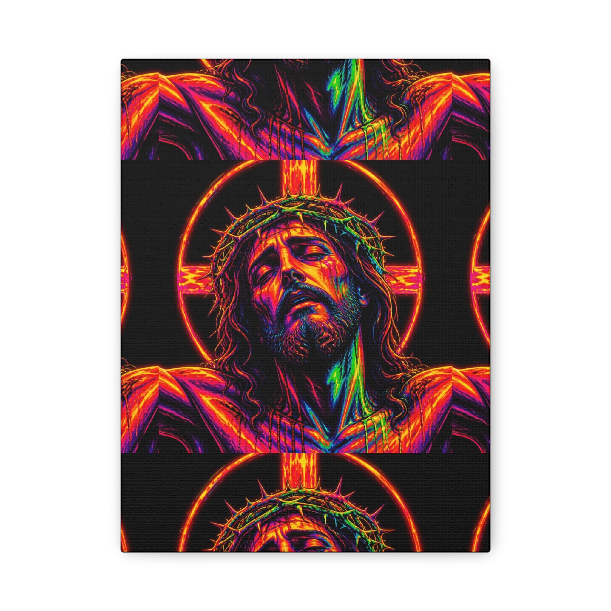 Neon Christ Crucifix Canvas Print — Vibrant Religious Wall Art
