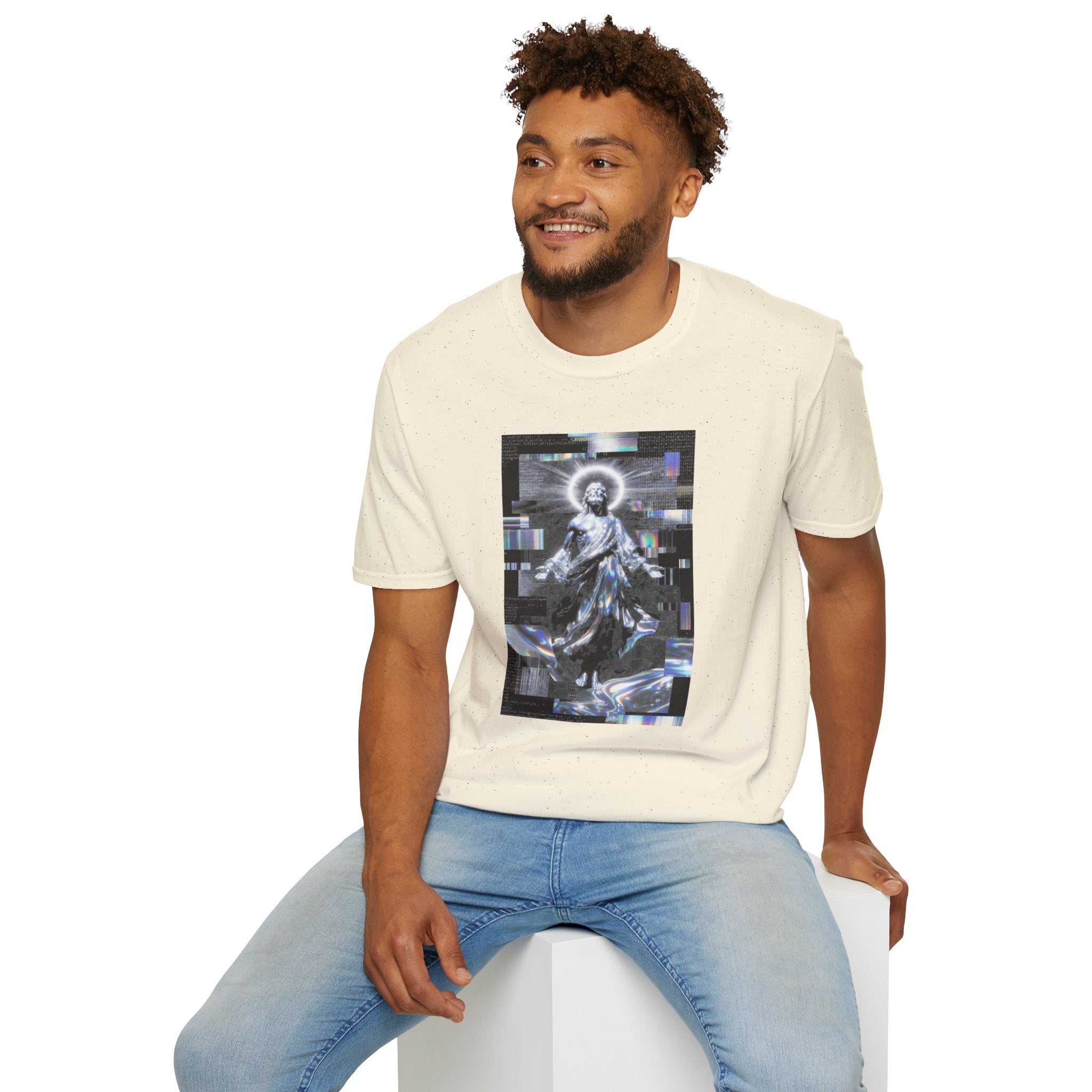 Glitch Halo Jesus T-Shirt — Vintage Religious Retro Digital Art Tee