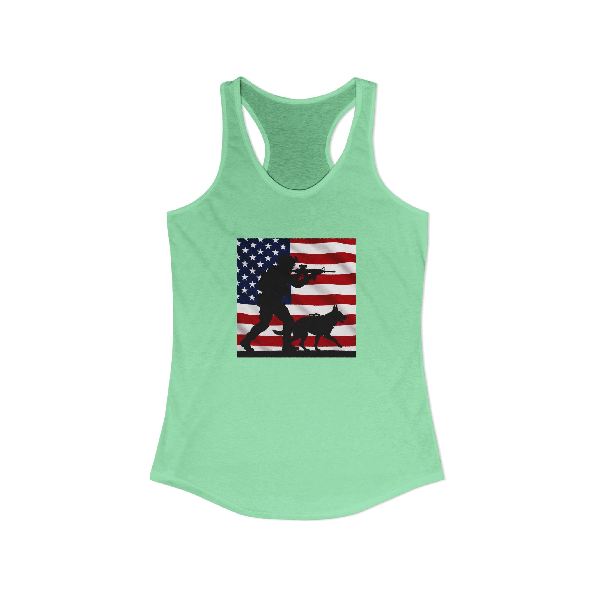 Women's Ideal Racerback Tank - Patriotic American Soldier w/ K-9