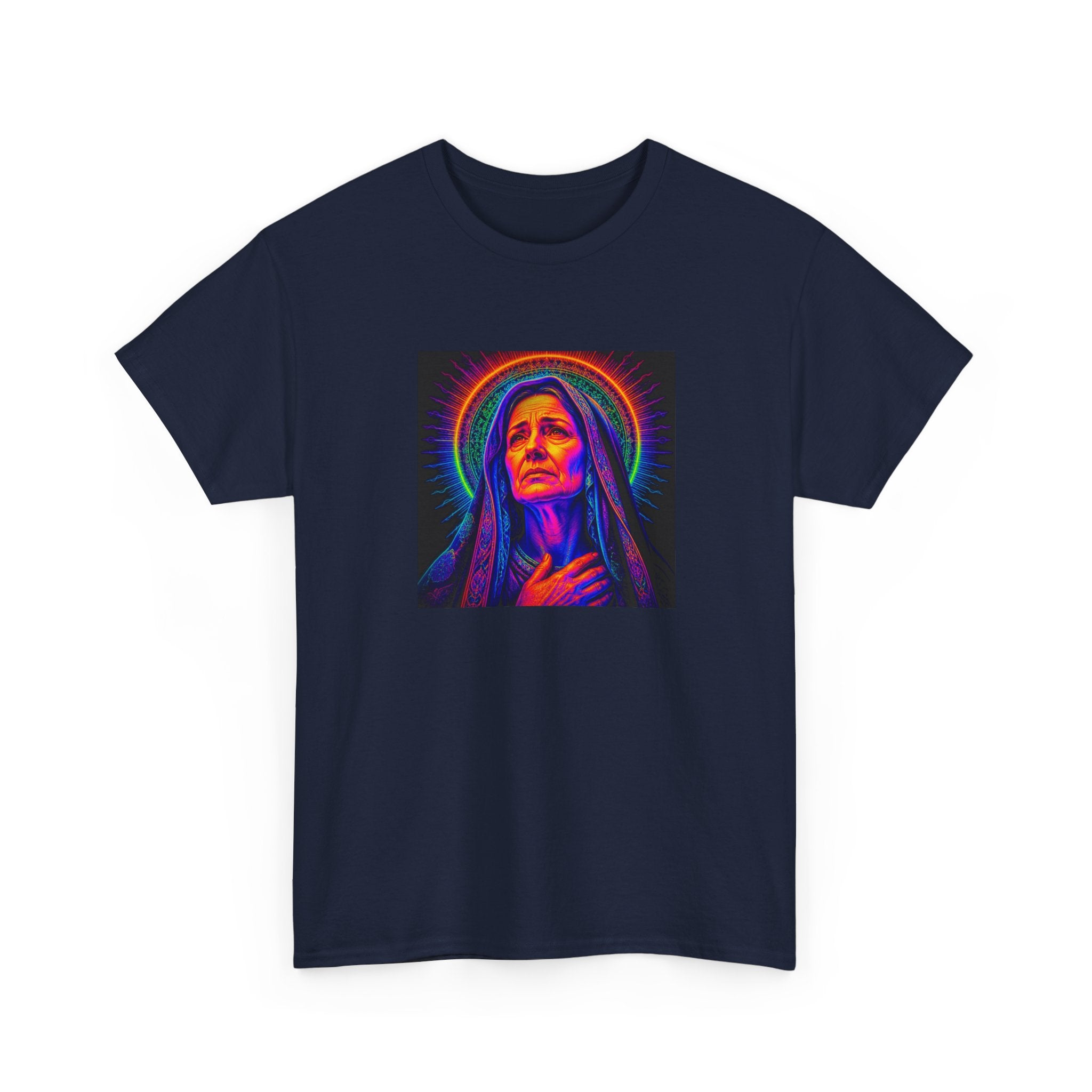 T-Shirt — Neon Madonna Portrait Graphic Tee Mother of Christ