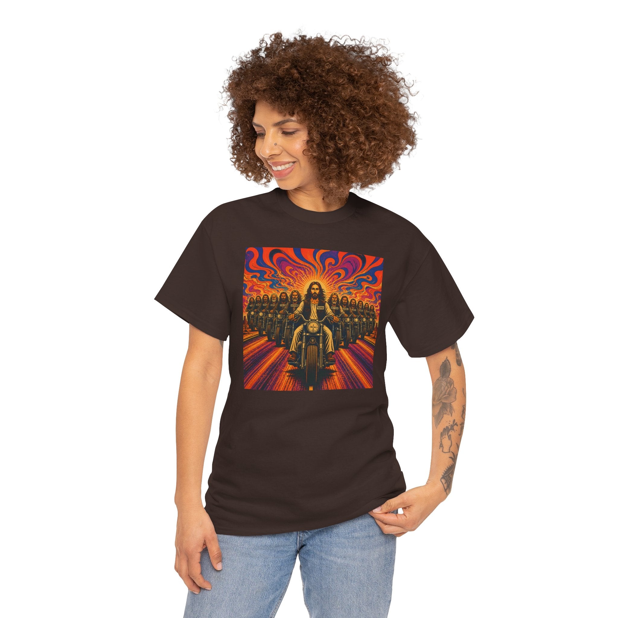 Psychedelic Yashua/Jesus Biker Crew T-Shirt — Retro Jesus Motorcycle Rider Graphic Tee