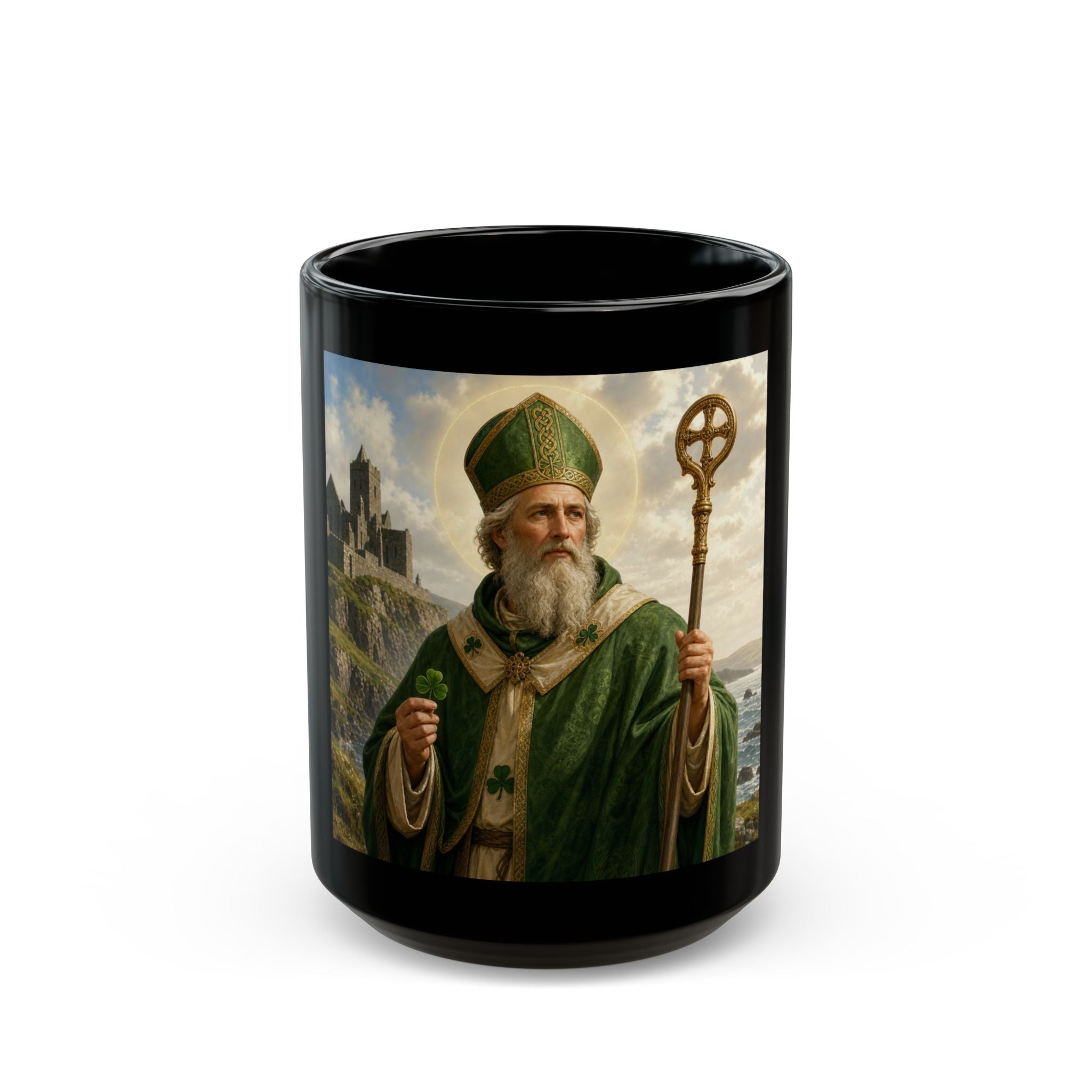 St. Patrick Ceramic Mug — Irish Saint Illustration Black Coffee Cup (11oz & 15oz)