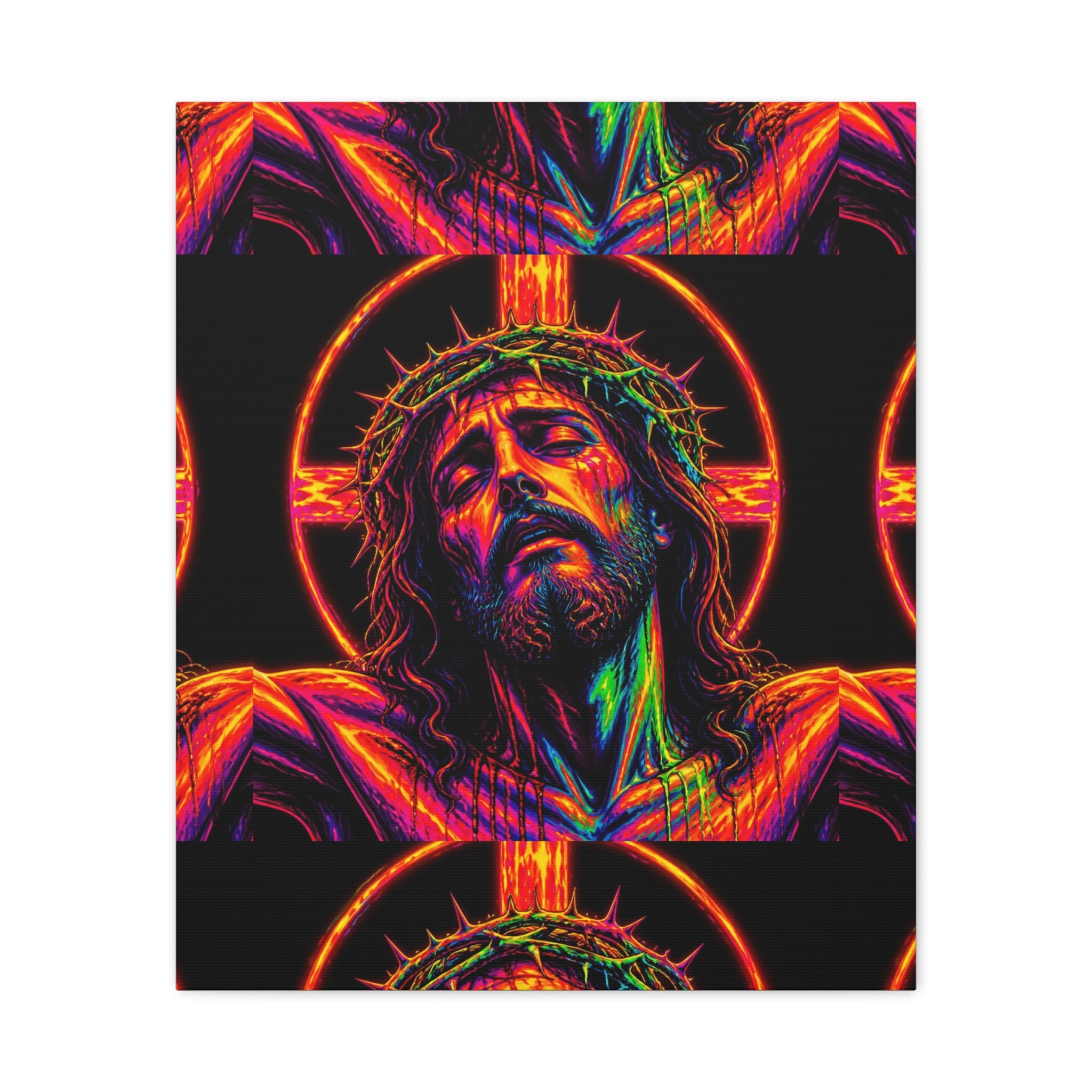Neon Christ Crucifix Canvas Print — Vibrant Religious Wall Art