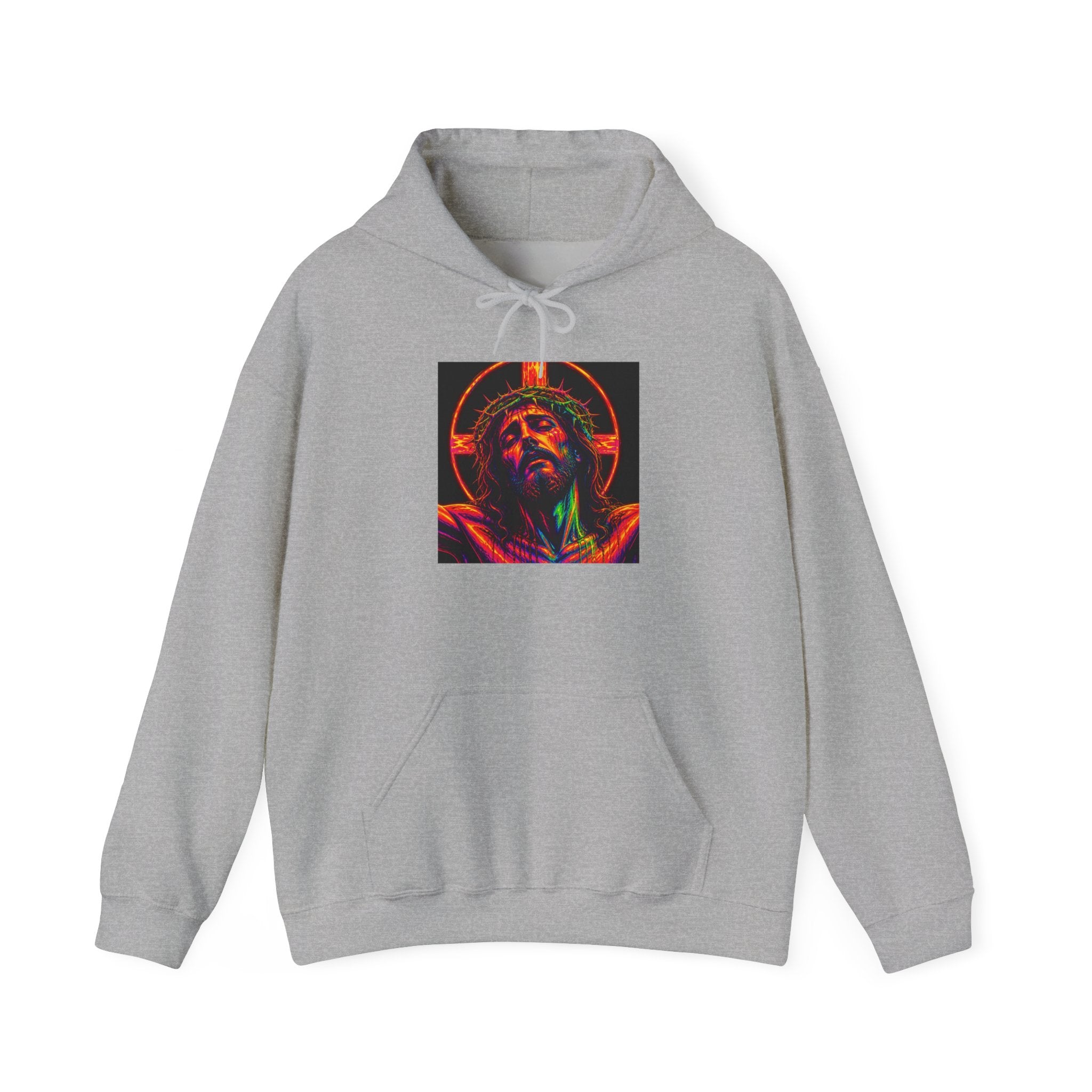 Jesus Portrait Hoodie — Neon Sacred Heart Graphic Hooded Sweatshirt
