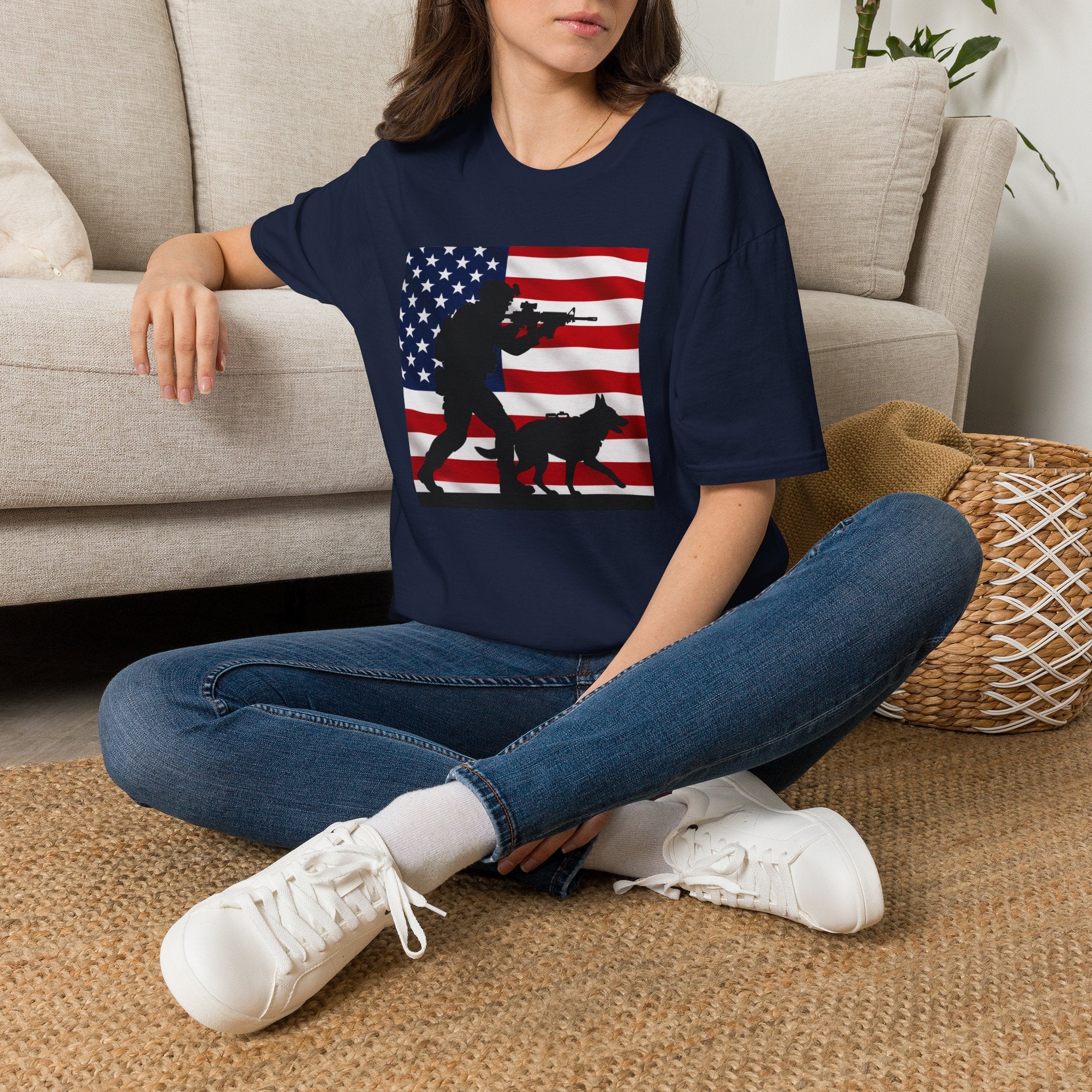Patriotic K9 Handler T-Shirt — American Flag Soldier with Dog Graphic