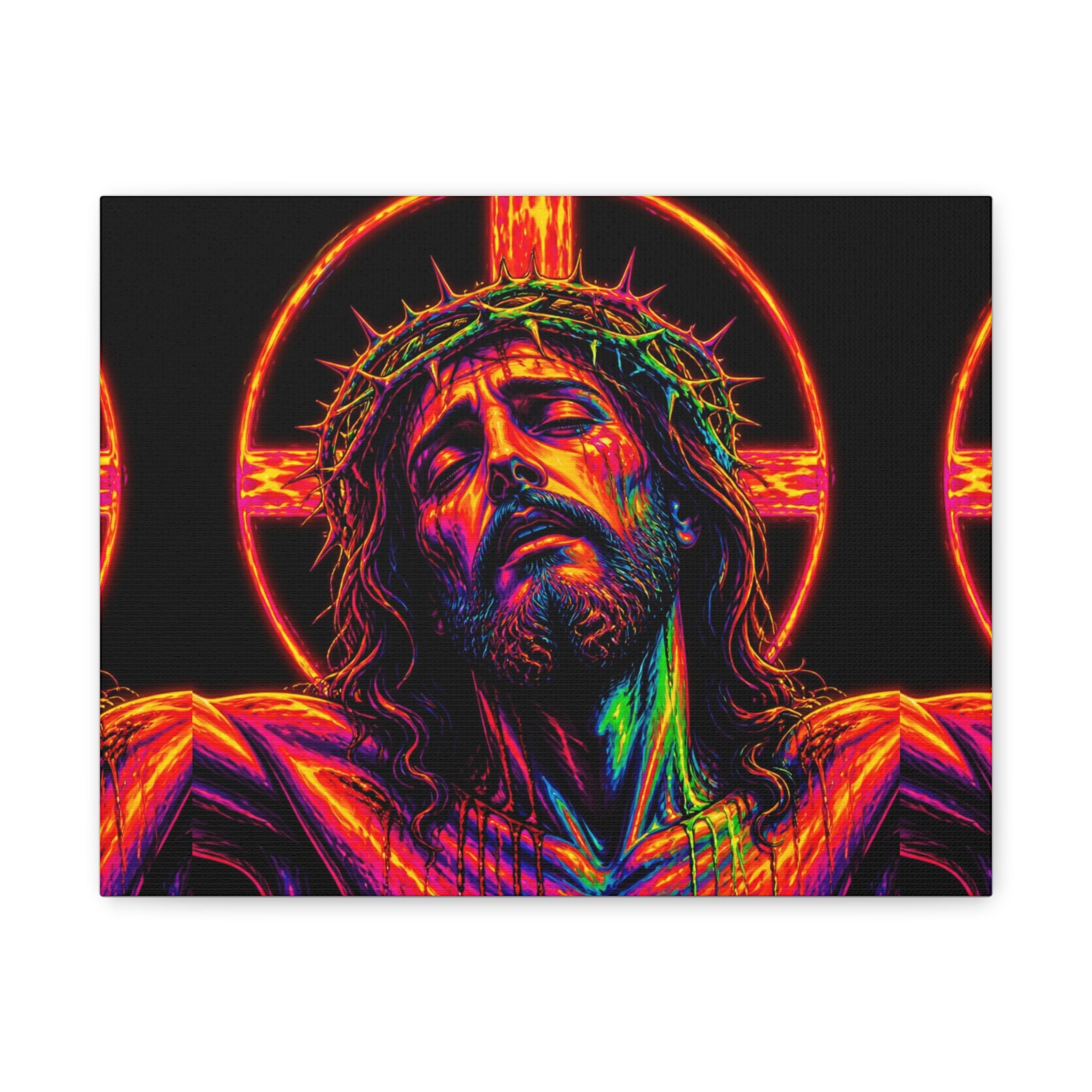 Neon Christ Crucifix Canvas Print — Vibrant Religious Wall Art