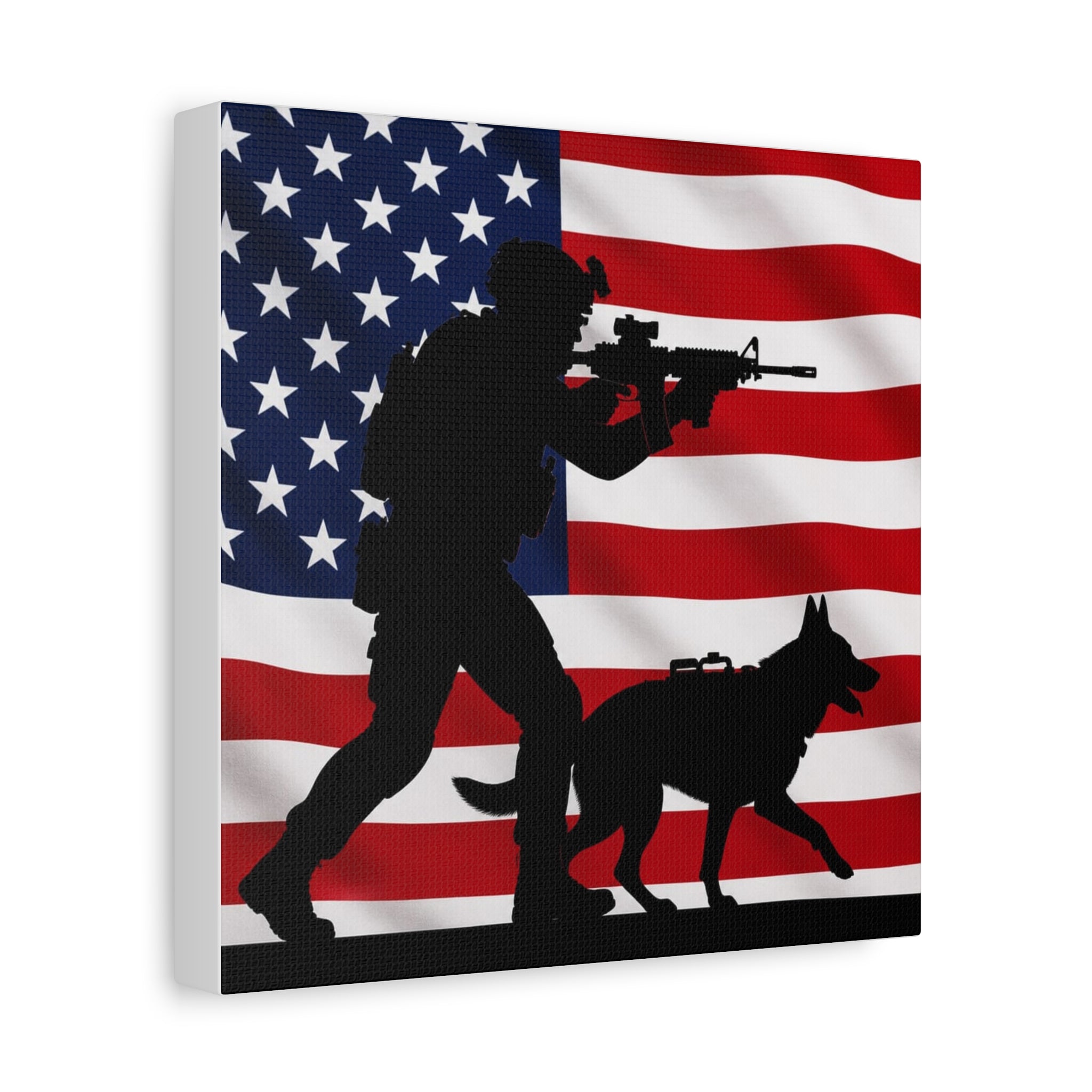 Patriotic Military K9 Canvas Wall Art — Soldier and Dog Silhouette with American Flag