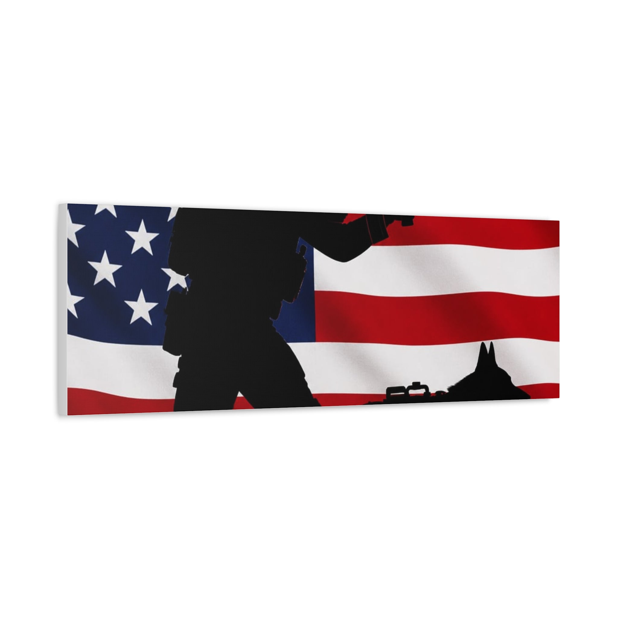 Patriotic Military K9 Canvas Wall Art — Soldier and Dog Silhouette with American Flag