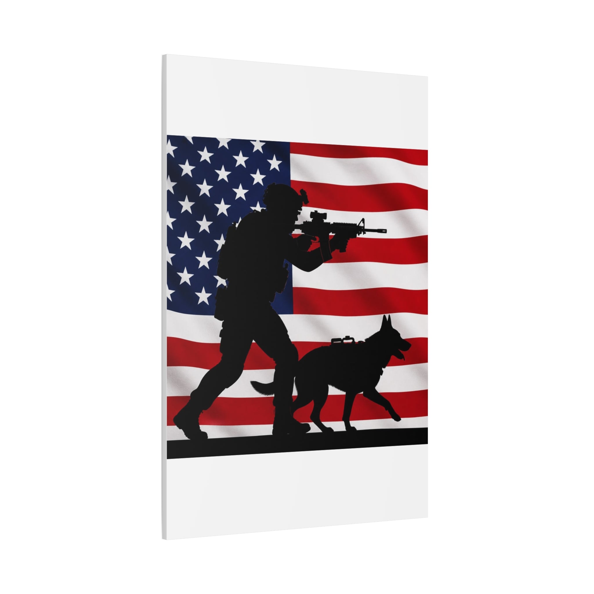 Patriotic Military K9 Canvas Wall Art — Soldier and Dog Silhouette with American Flag