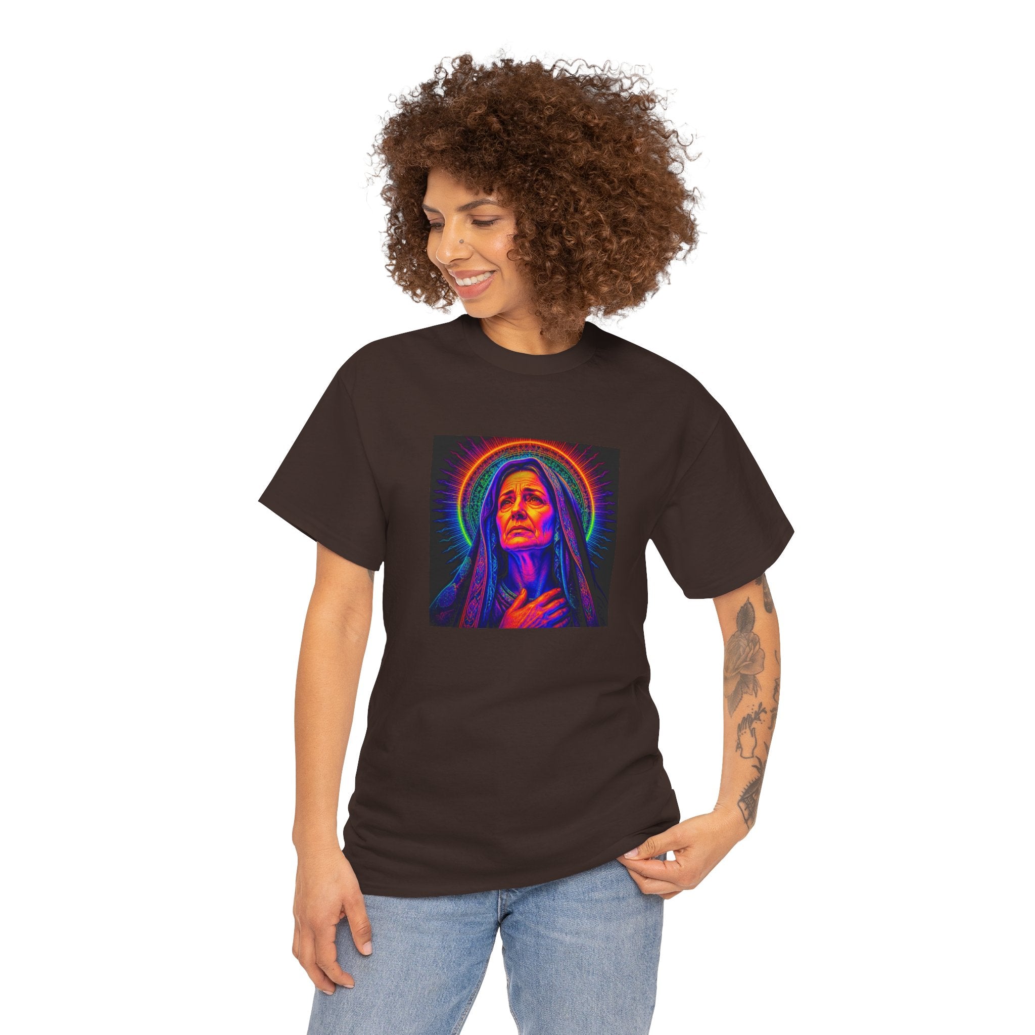 T-Shirt — Neon Madonna Portrait Graphic Tee Mother of Christ
