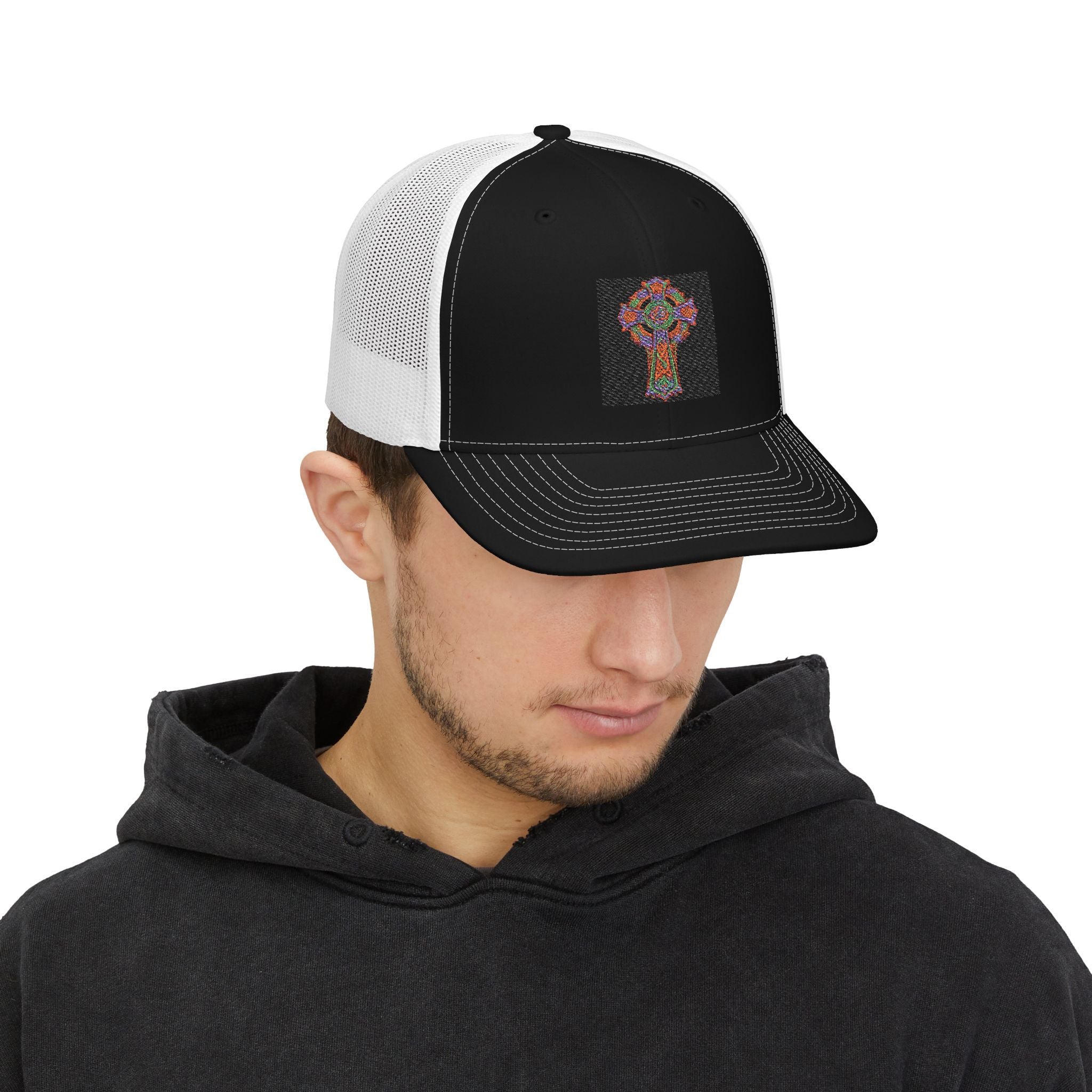 Floral Cross Snapback Trucker Cap — Colorful Mosaic Church Cross Hat