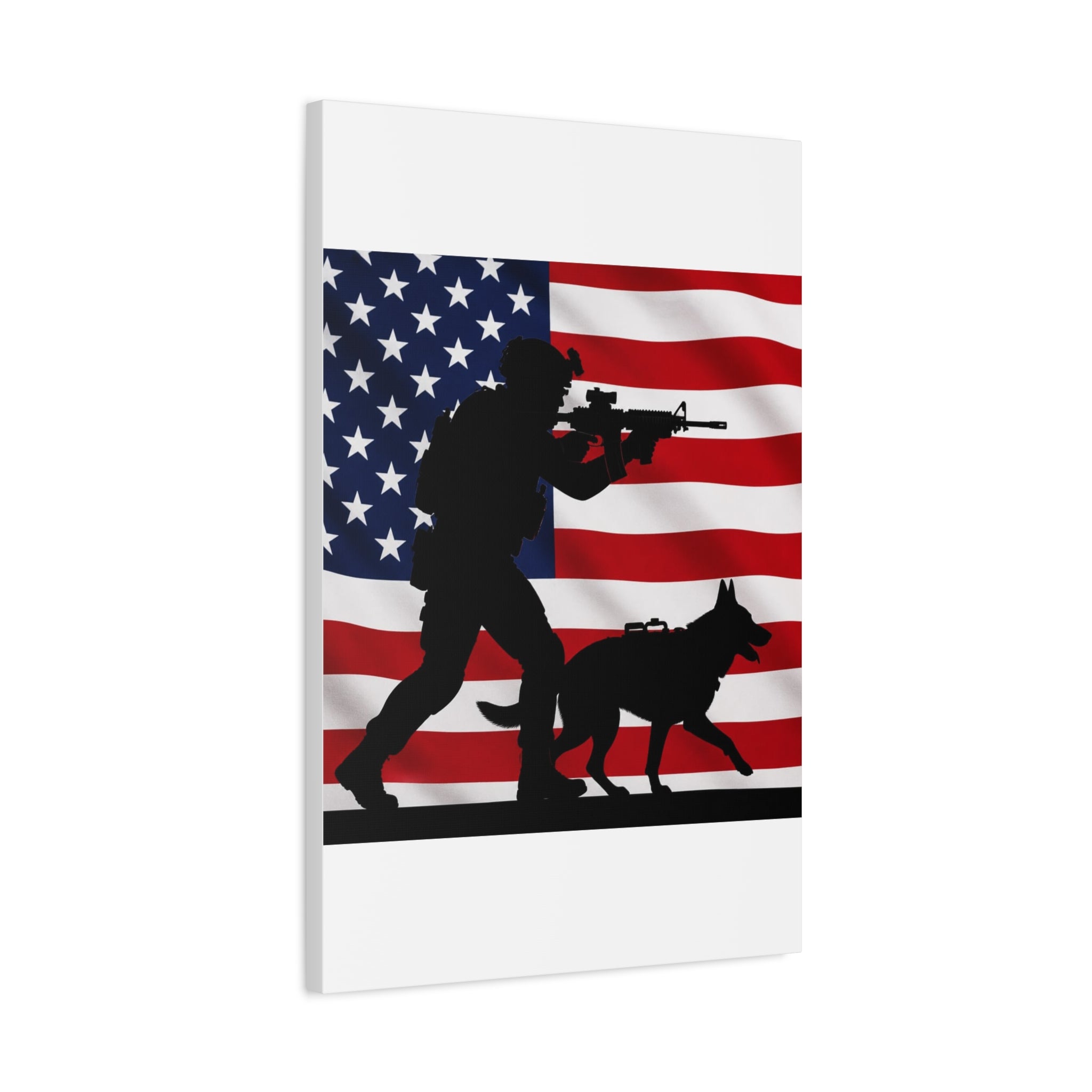 Patriotic Military K9 Canvas Wall Art — Soldier and Dog Silhouette with American Flag