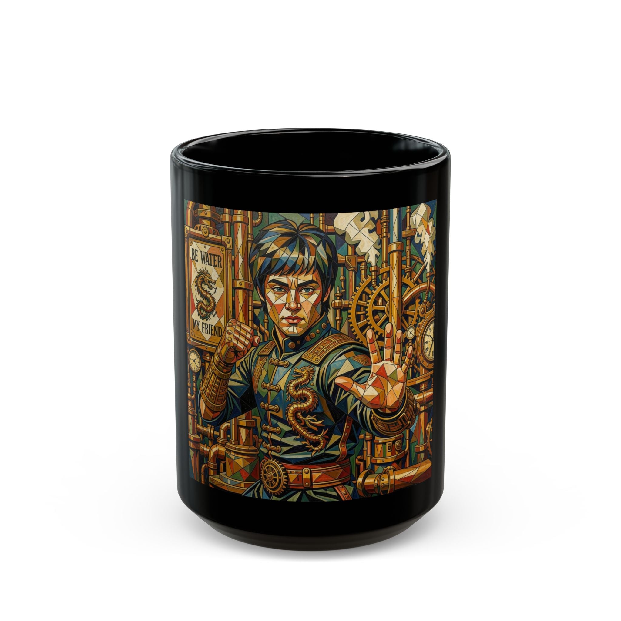 Steampunk Bruce Lee Black Mug – Mechanical Gears Art Coffee Cup (11oz/15oz)
