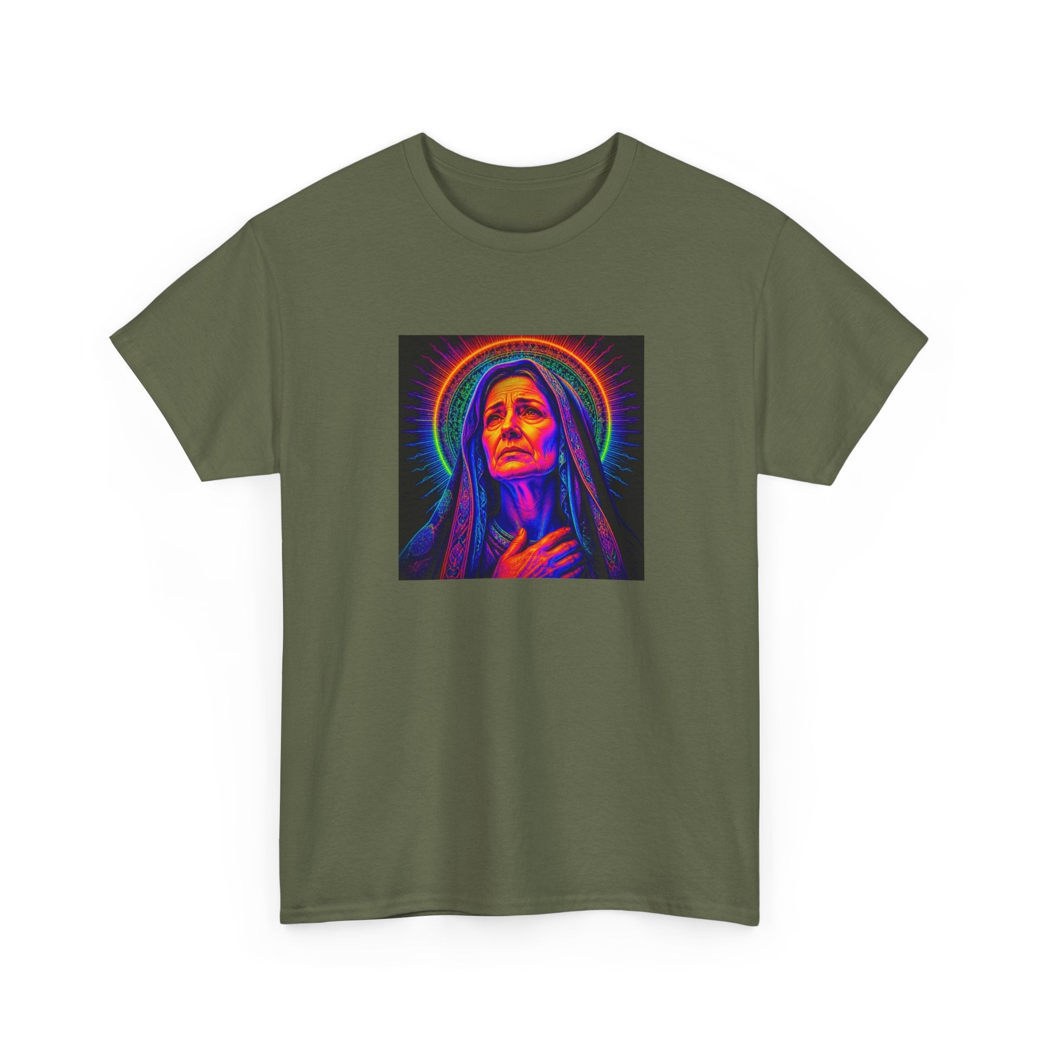 T-Shirt — Neon Madonna Portrait Graphic Tee Mother of Christ