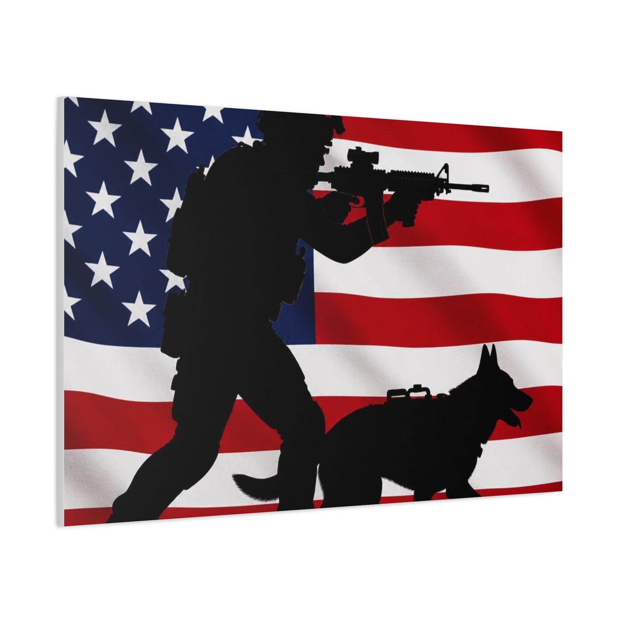 Patriotic Military K9 Canvas Wall Art — Soldier and Dog Silhouette with American Flag