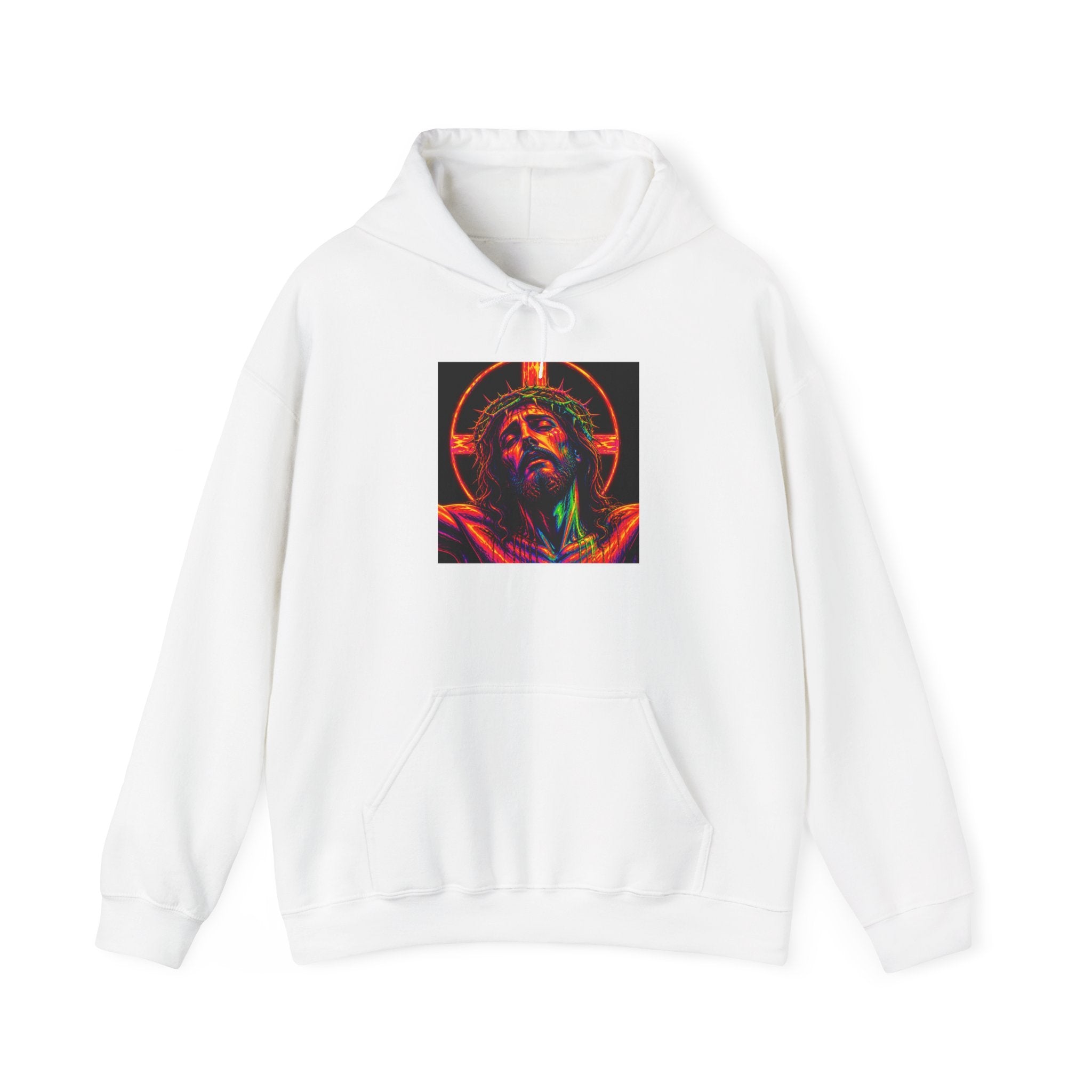Jesus Portrait Hoodie — Neon Sacred Heart Graphic Hooded Sweatshirt