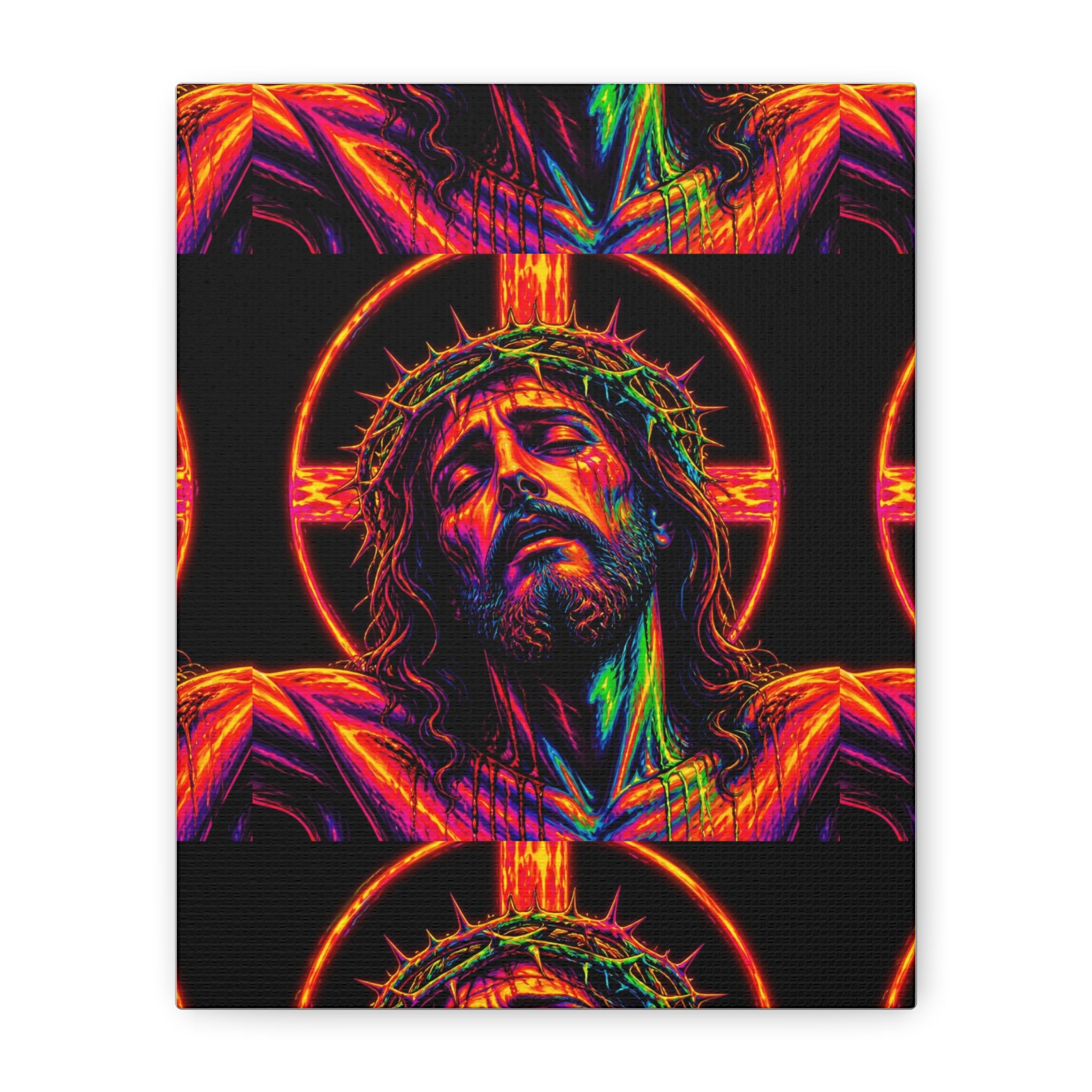 Neon Christ Crucifix Canvas Print — Vibrant Religious Wall Art