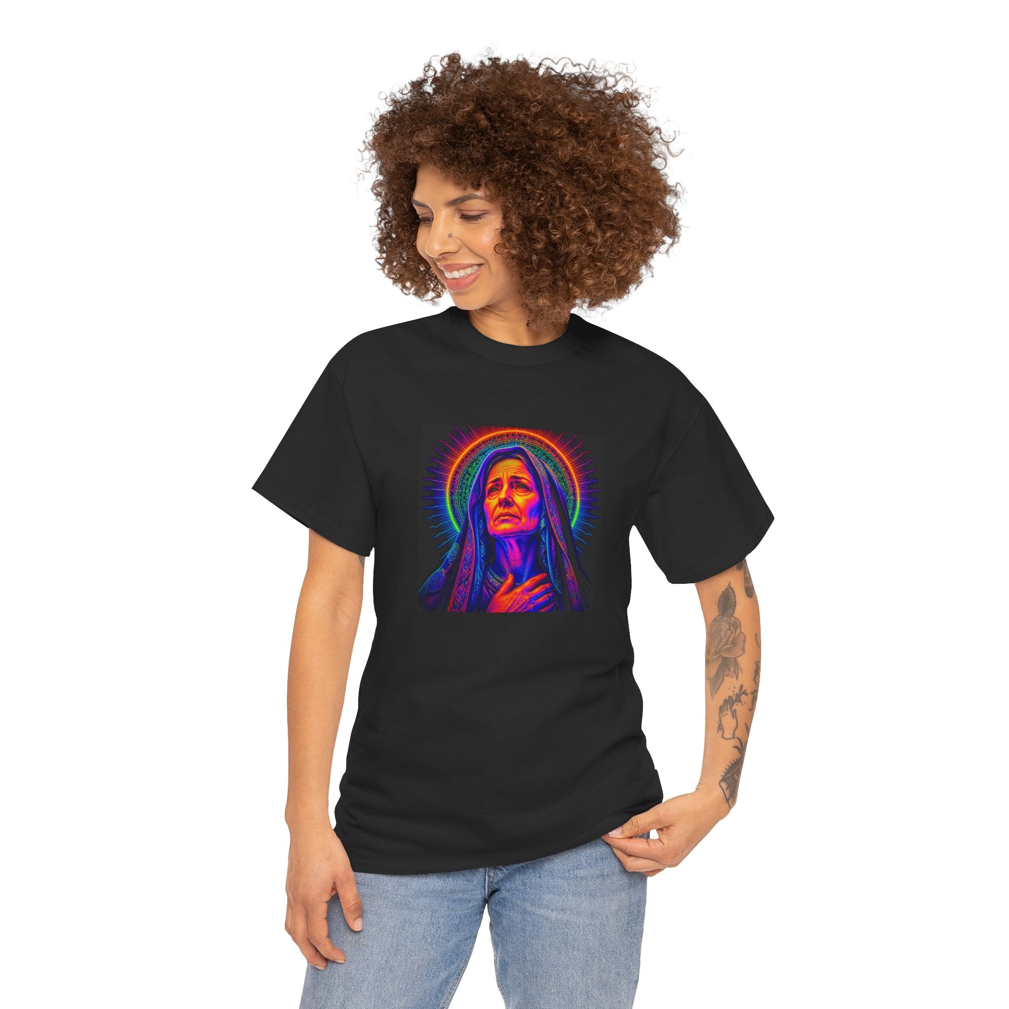 T-Shirt — Neon Madonna Portrait Graphic Tee Mother of Christ
