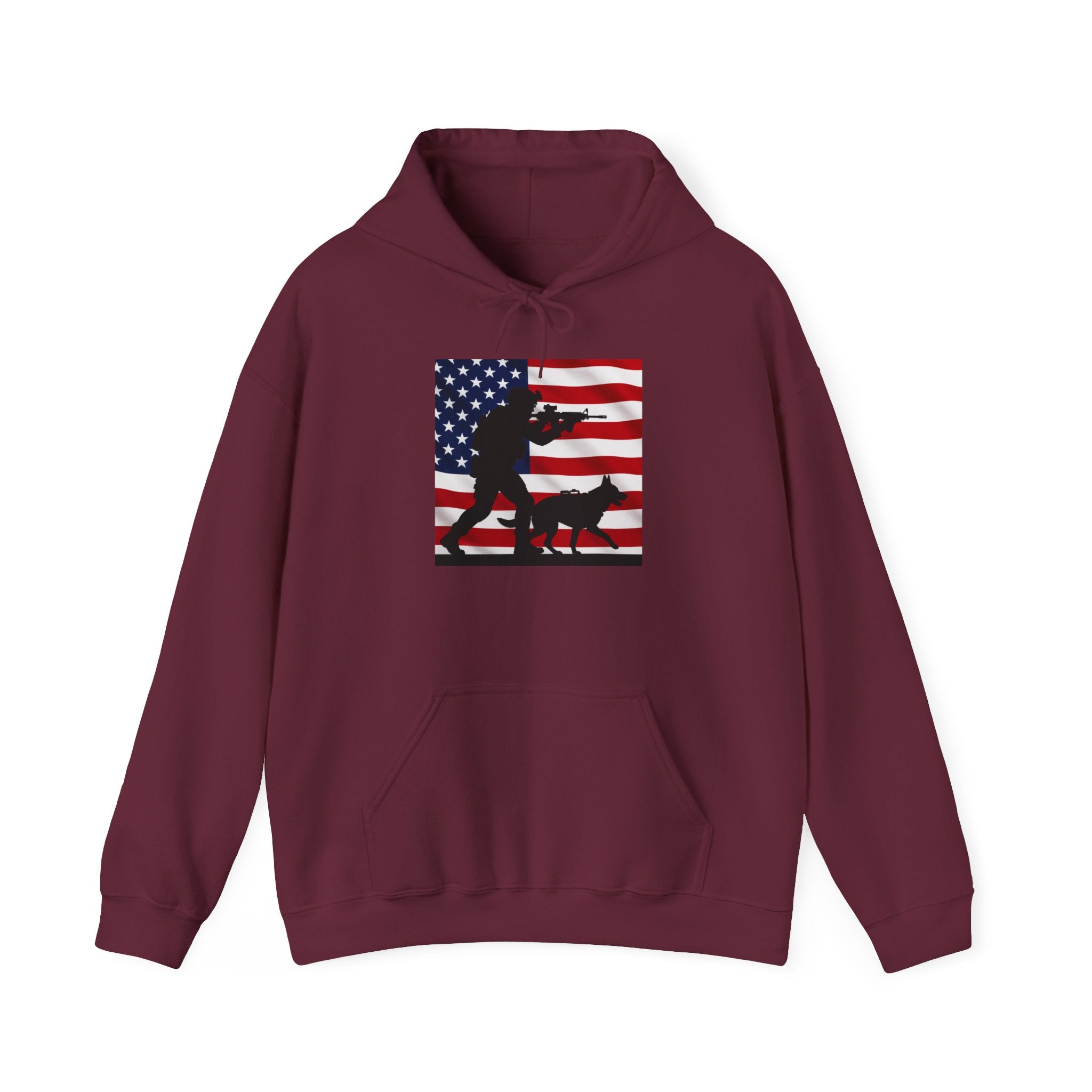 American K9 Handler Hoodie — US Flag Dog Silhouette Patriotic Sweatshirt