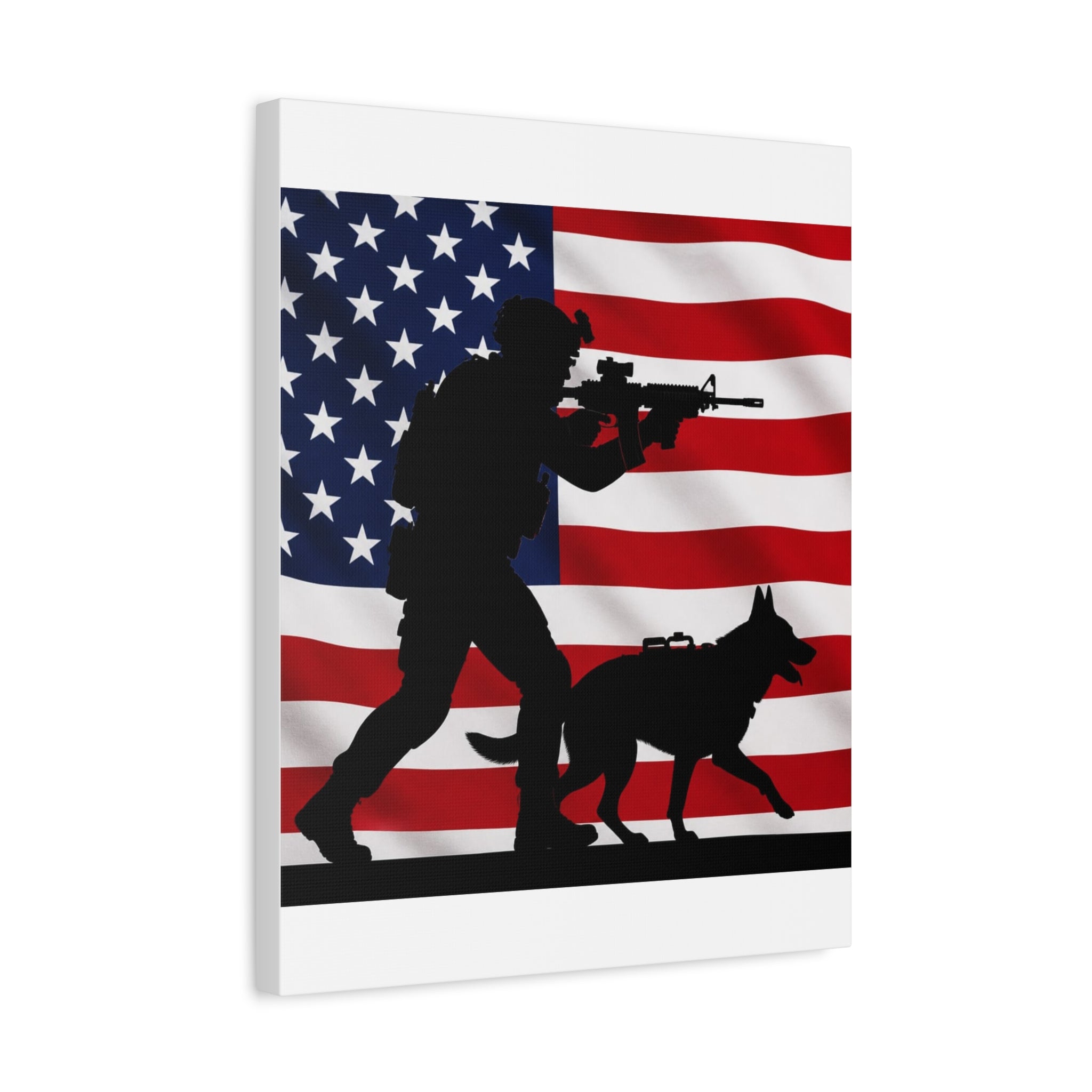 Patriotic Military K9 Canvas Wall Art — Soldier and Dog Silhouette with American Flag