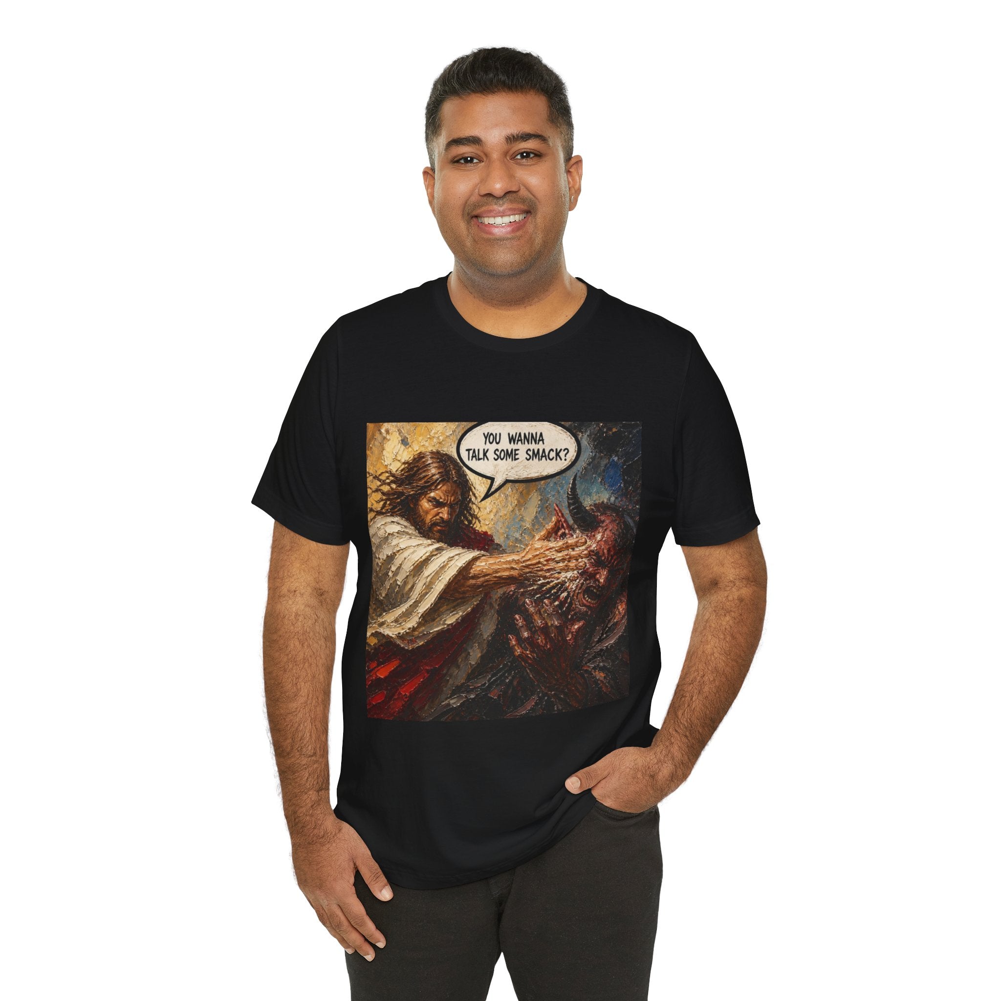 Graphic Tee — Bold Comic-Style - Jesus ‘You Wanna Talk Some Smack?’ Design