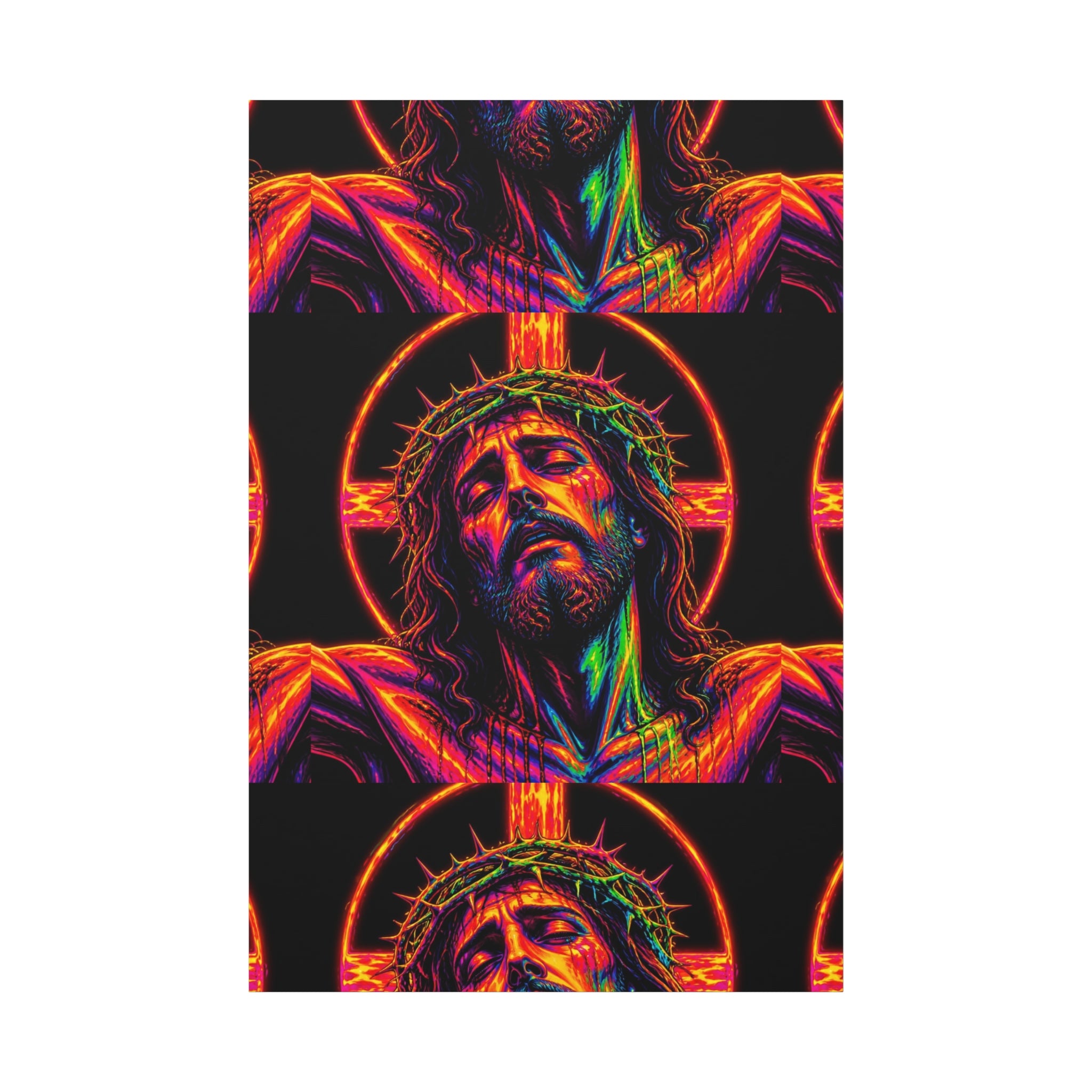 Neon Christ Crucifix Canvas Print — Vibrant Religious Wall Art