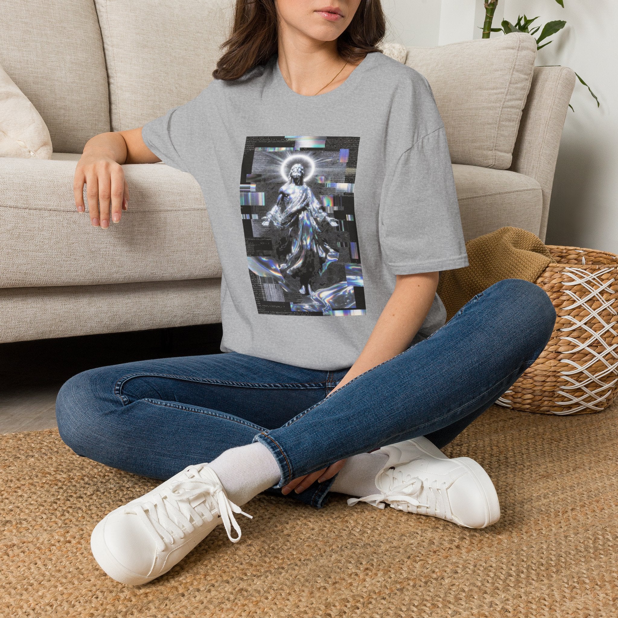 Glitch Halo Jesus T-Shirt — Vintage Religious Retro Digital Art Tee