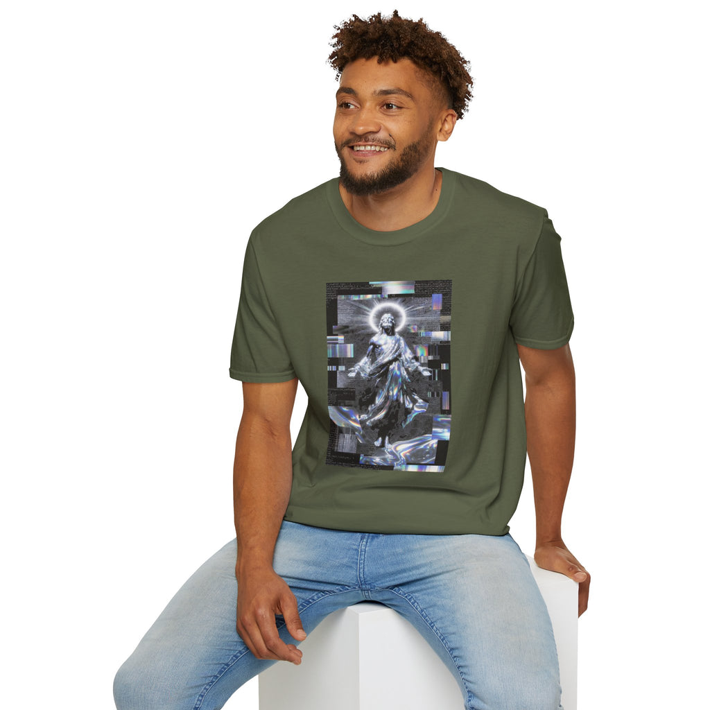 Glitch Halo Jesus T-Shirt — Vintage Religious Retro Digital Art Tee