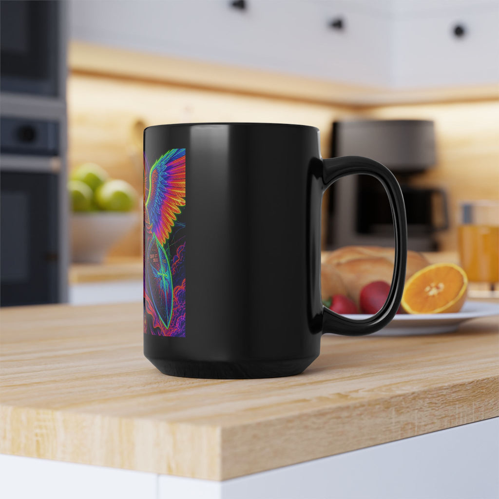 Angel Warrior Black Mug — Neon Archangel Coffee Cup (11oz/15oz)