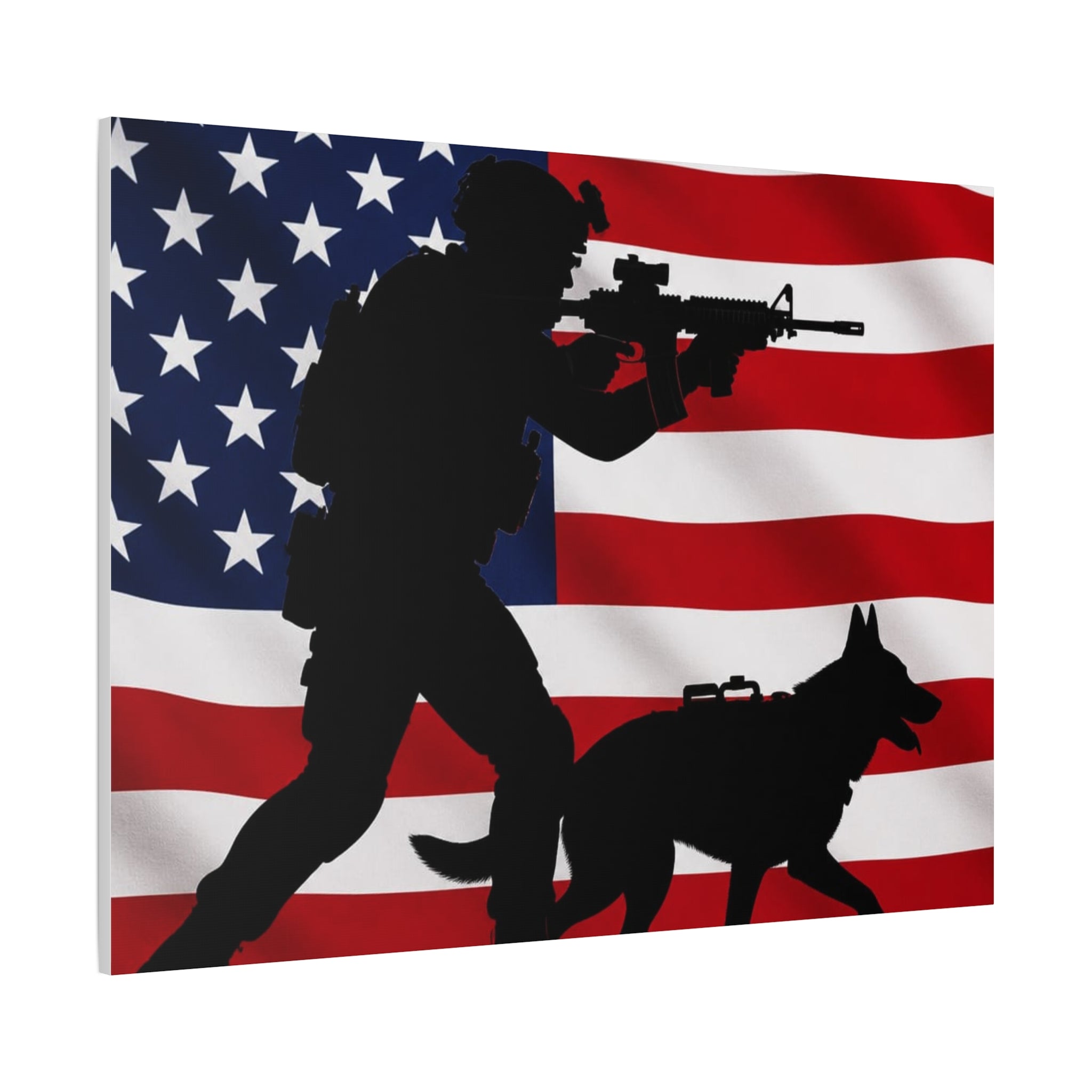 Patriotic Military K9 Canvas Wall Art — Soldier and Dog Silhouette with American Flag