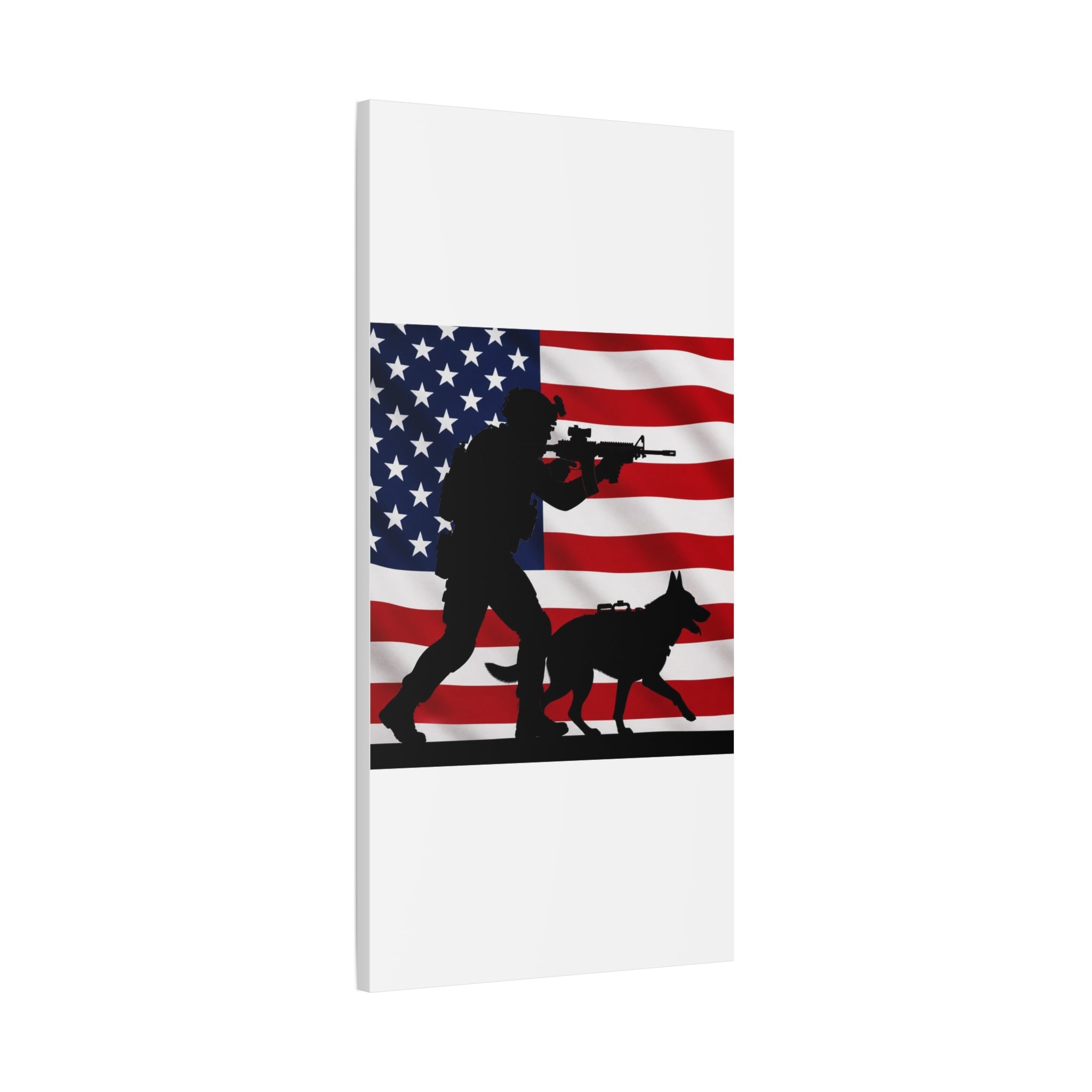 Patriotic Military K9 Canvas Wall Art — Soldier and Dog Silhouette with American Flag