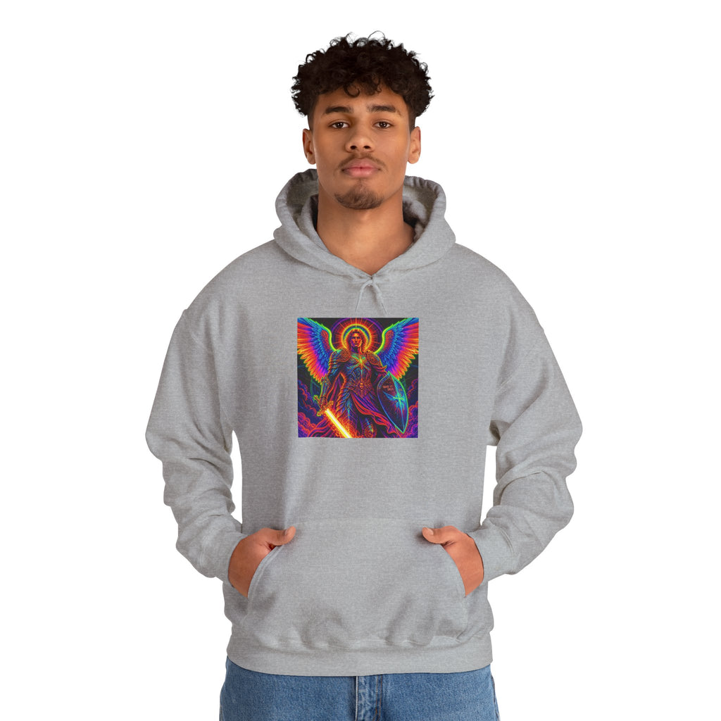 Psychedelic Angel Hoodie — Neon Rainbow Guardian Graphic Sweatshirt
