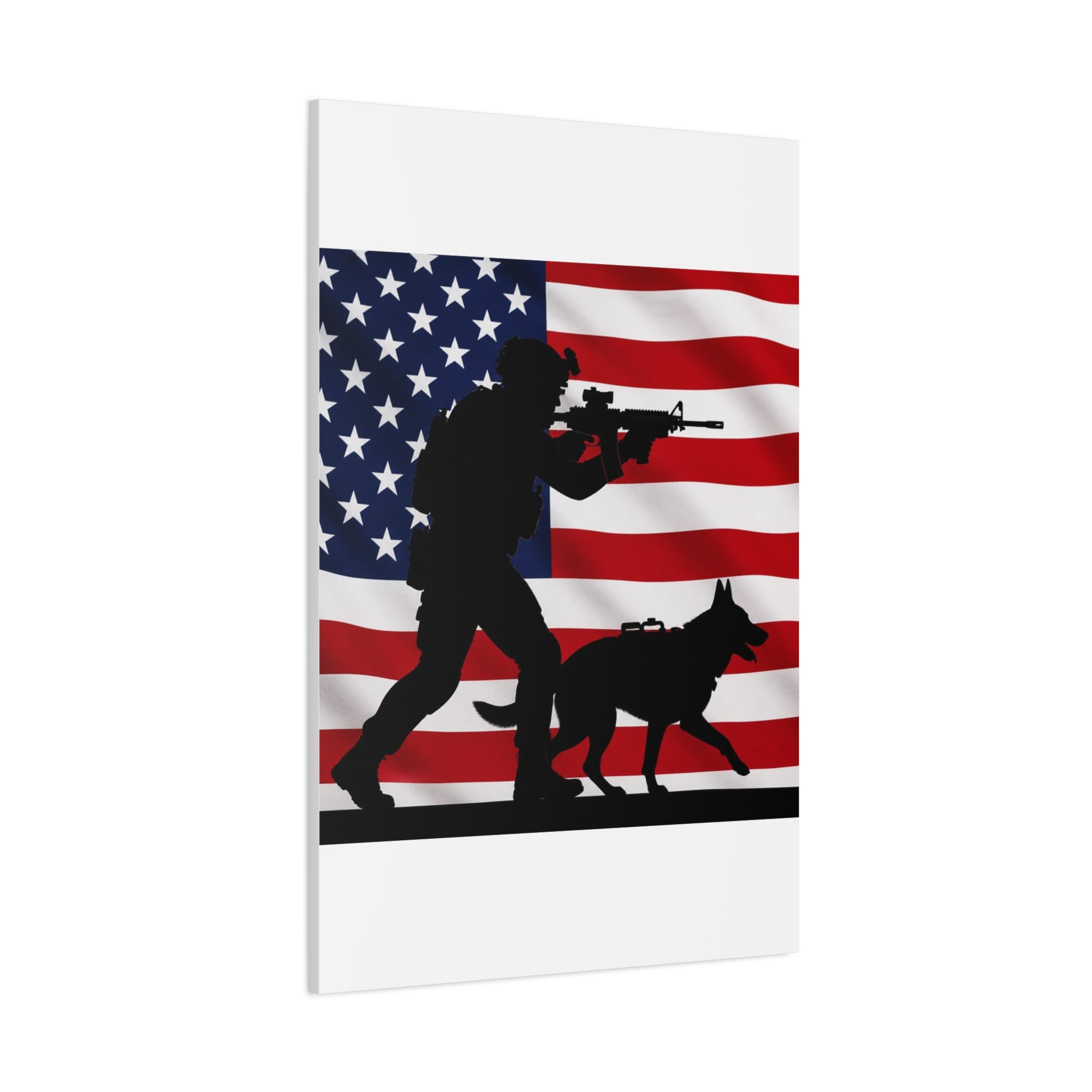 Patriotic Military K9 Canvas Wall Art — Soldier and Dog Silhouette with American Flag
